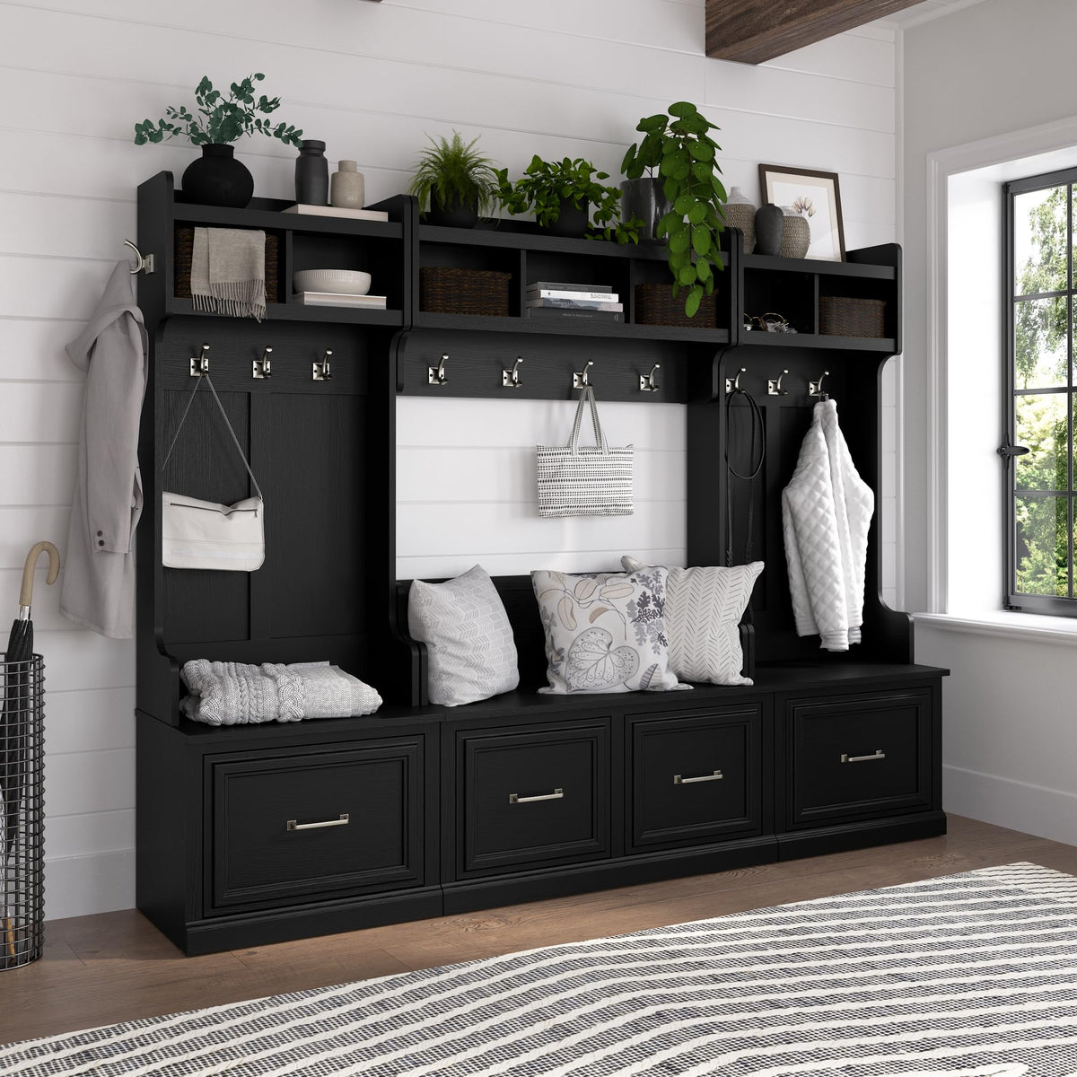 Bush Furniture Woodland 40W Shoe Storage Bench with Doors in Black Suede Oak | Footwear Organizer for Home Entryway, Mudroom, and Foyer