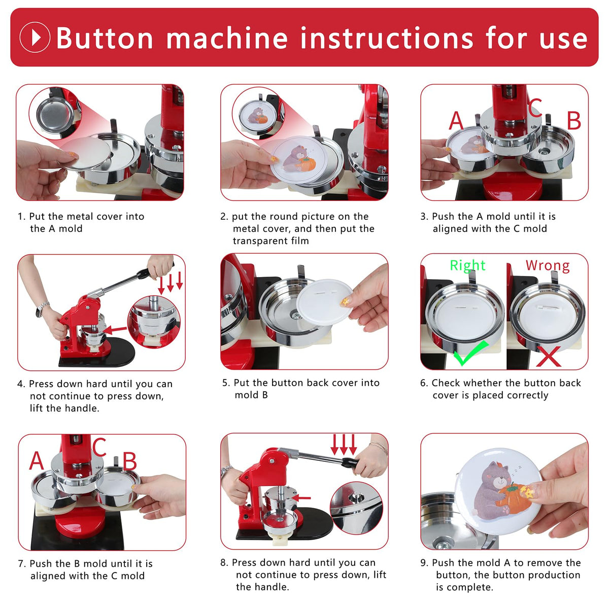 MK.Bear Button Maker Machine Multiple Sizes, Pin Maker Button Machine 1.25+2.25 Inch (32+58mm), DIY Button Press Machine Kit with 200 Button Parts Supplies, Comes with Circle Cutter and Cutting Mat