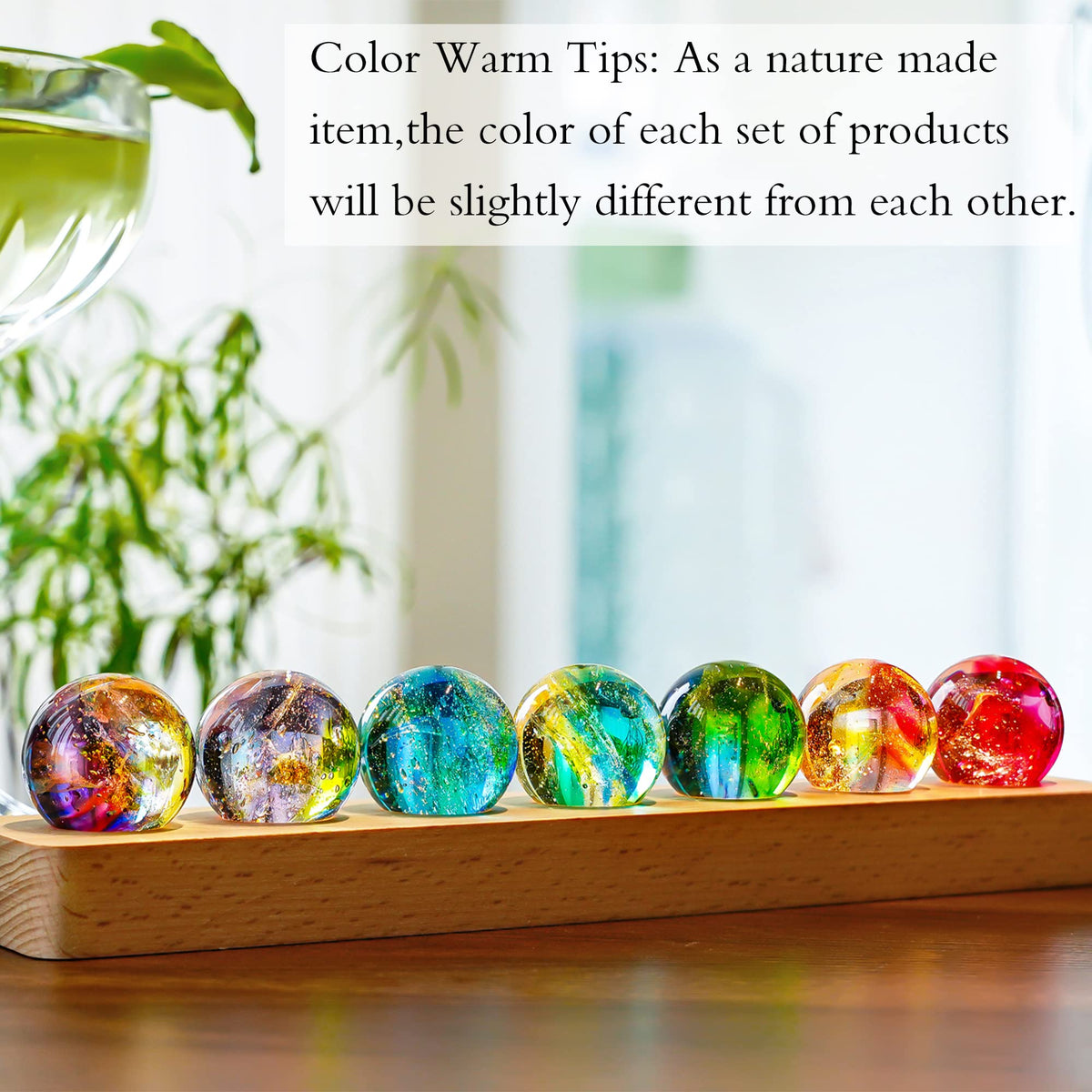KRISININE 7 Chakra Natural Healing Spheres with LED Wooden Stand 40mm Crystal Quartz Stones for Meditation Positive Energy Night Light Decoration