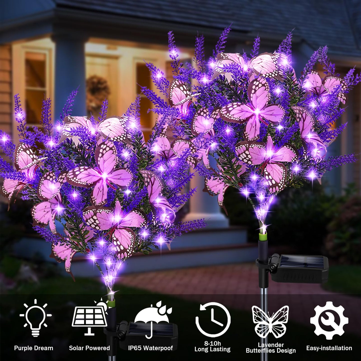 Kohlrabi Solar Garden Lights Outdoor, 2 Pack Purple Lavender Solar Butterfly Lights Gardening Gifts for Women,Artificial Flowers Light Purple Halloween Garden Decor for Patio Yard Lawn Christmas