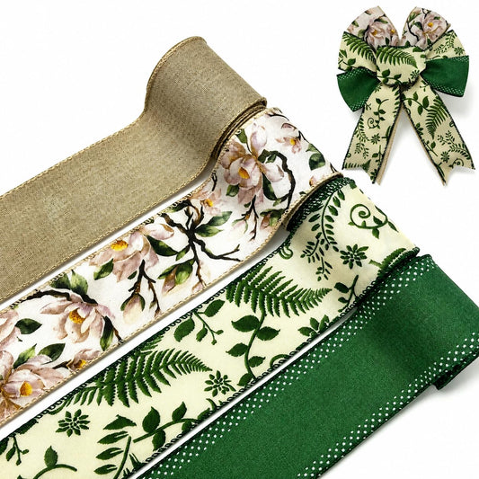 2.5 Inch Sage Green Wired Edge Ribbon, Spring Summer Craft Ribbon Vintage Floral Fabric Ribbons for Gift Wrapping DIY Wreath Bows, Wedding Decor, Mother's Day Craft Supplies, 4 Rolls,20 Yards (Green)