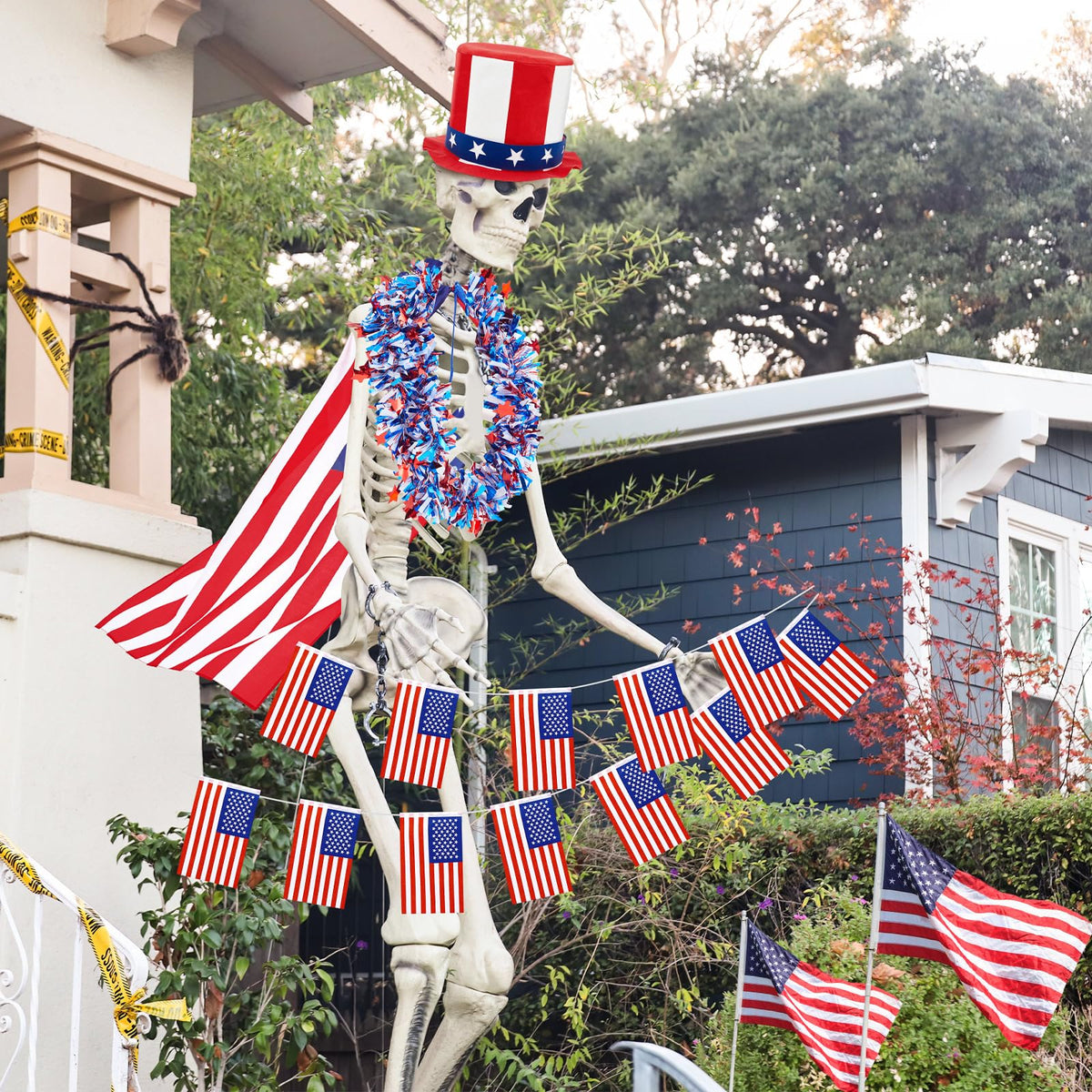 Bunnycool 4 Pcs 4th of July 12 ft Skeleton Patriotic Outfit Accessories Hat, Cape, Flag Banner, Tinsel Garland Giant Skeleton Costume Clothing for Parade Garden Lawn Outdoor Decor
