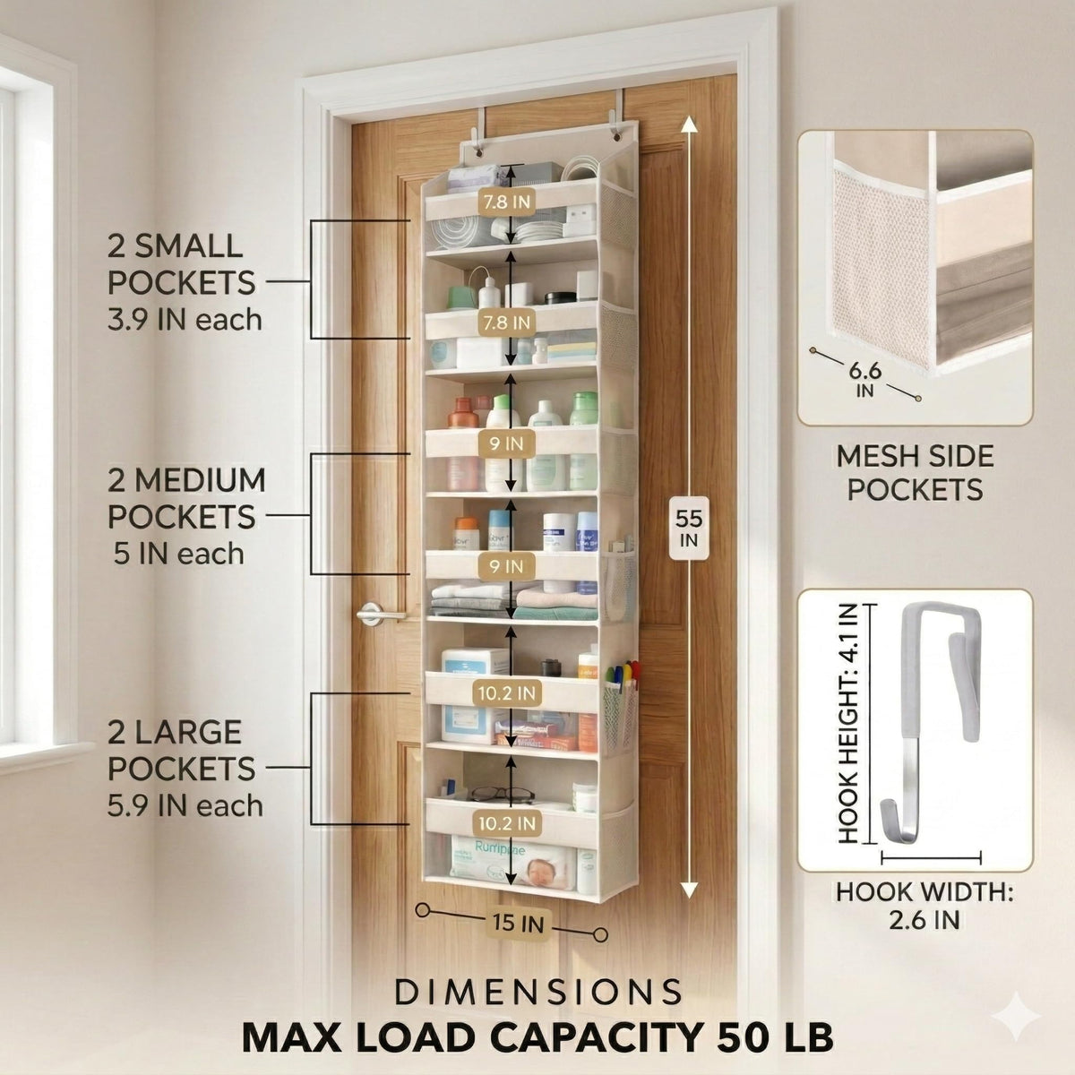 HOMELUX THEORY UPGRADED 6 Tiers Over The Door Organizer Hanging - 100D EXTRA THICK & 50lbs HUGE CAPACITY, 12 Side Mesh Pockets Over The Door Shoe Organizer, Hanging Closet Organizer (Ivory, 1pc)