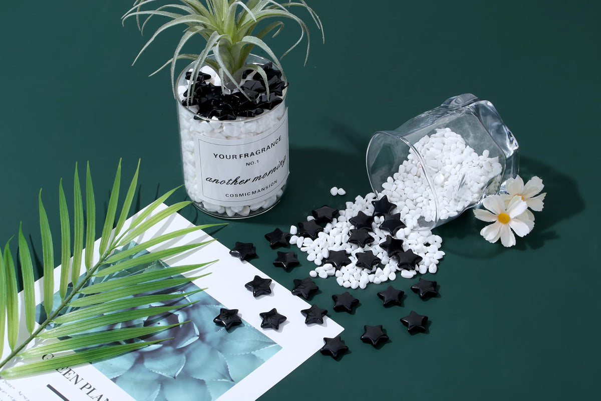 QINJIEJIE 20 PCS Black Obsidian Crystal Star Healing Stones Mini Crystals Cute Polished Pocket Stone Thumb Star Gemstones Set Bulk Wholesale Reiki Energy Balancing Halloween Witchcrafts Decor