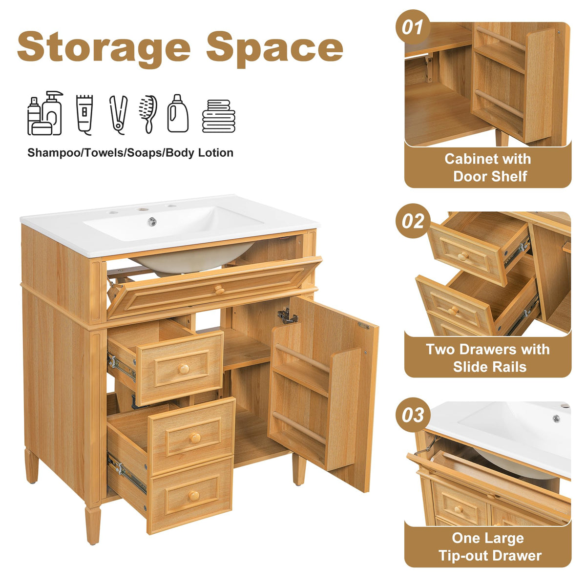 Bathroom Vanity with Sink 30 Inch, Tip-Out Drawer and Door Rack, Adjustable Shelf, Soft-Closing System, Solid Wood Legs, Wood