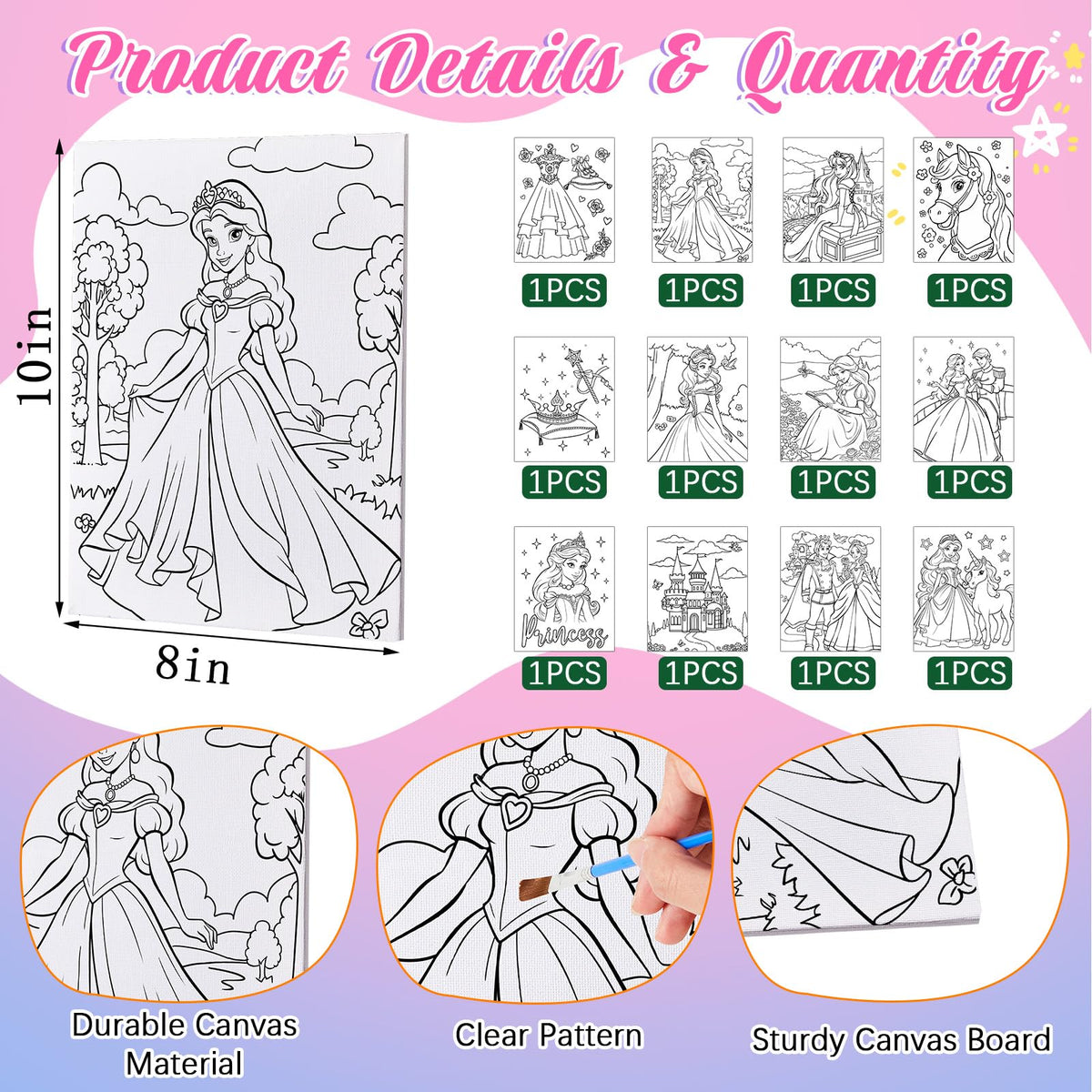 Ireer 12 Set Paint Party Set 8 x 10 Sip and Paint Kit Include 12 Printed Pre Drawn Canvas Panel, Wooden Easels, Palettes, Pots, Apron 36 Brushes for Adult Art DIY Party(Princess)