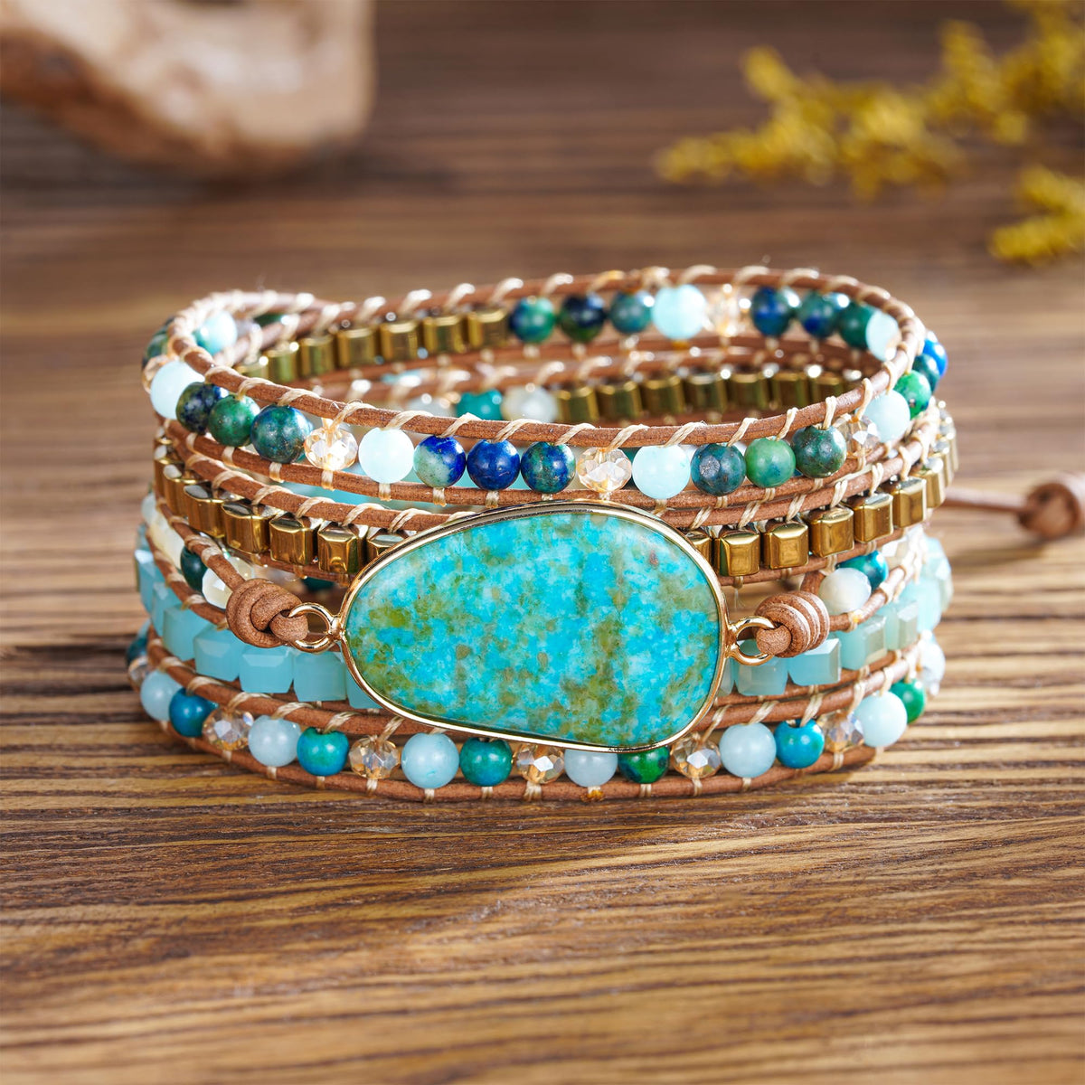 Plumiss Boho Chrysocolla Wrap Bracelet for Women Men, Handmade Leather Beaded Bracelet with Natural Stone Crystals, Bohemian Gemstone Statement Bracelet Adjustable Boho Jewelry Gift