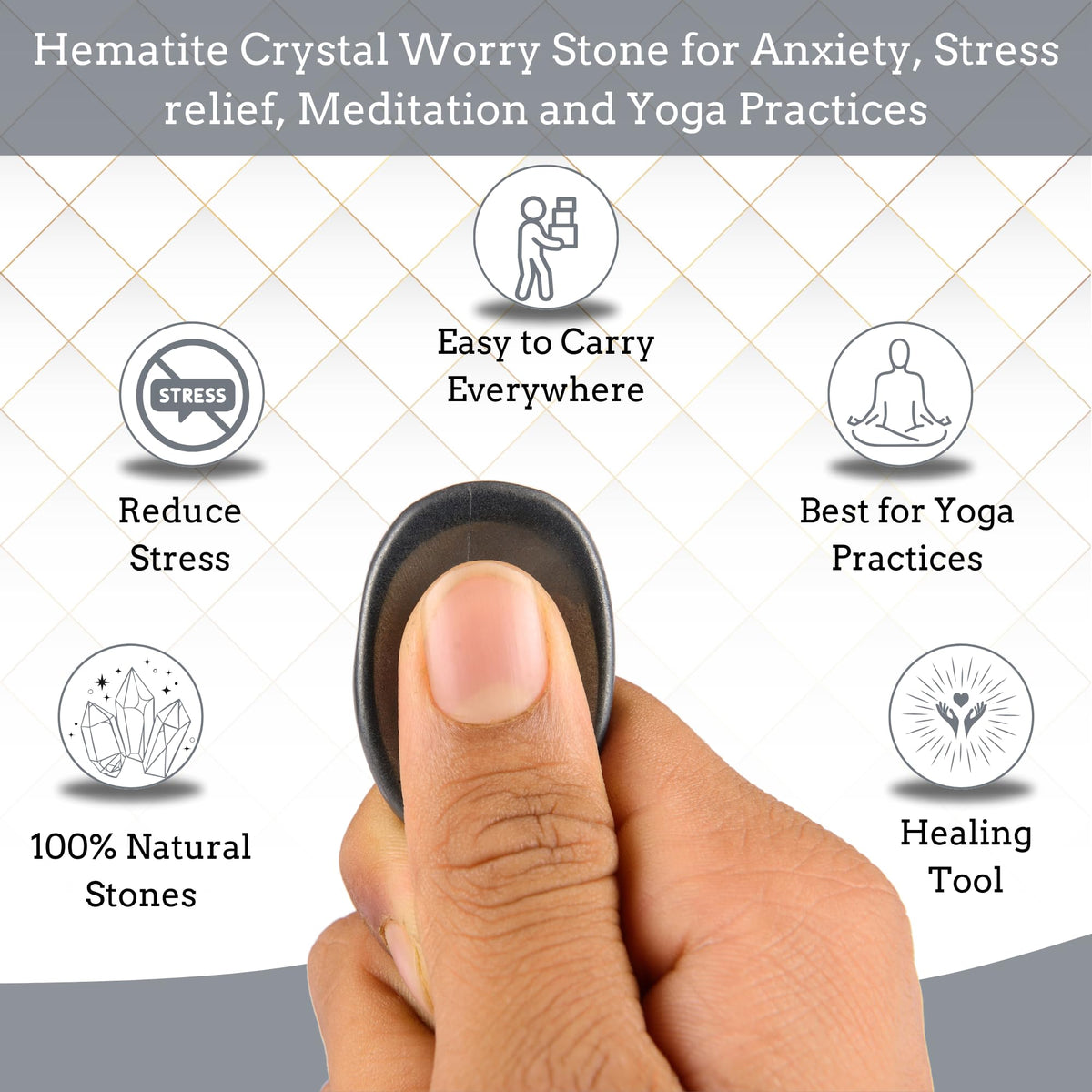Anaya Agate Hematite Worry Stones Certified Crystal Thumb Worry Stone for Anguish, Relaxing and Soothing Balance Stones for Meditation, Stress Relief Crystals and Healing Stones for Men, Women