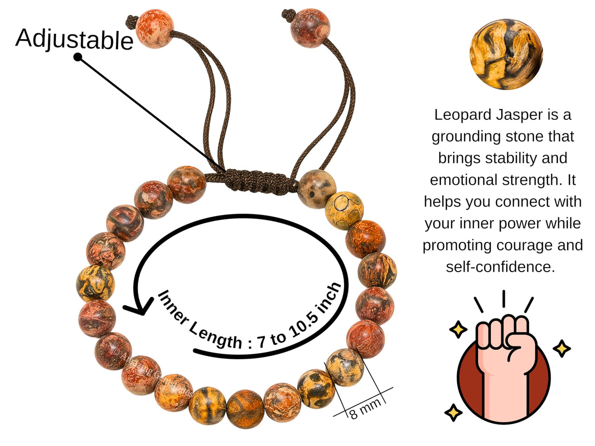 Amazing Gemstone Leopard Jasper Bracelet for Women Men's Gifts - Protection Healing Crystal Bracelet - 8mm Gemstone Beaded Adjustable Bracelet Pulseras Para Hombres Mujer Stocking Stuffers