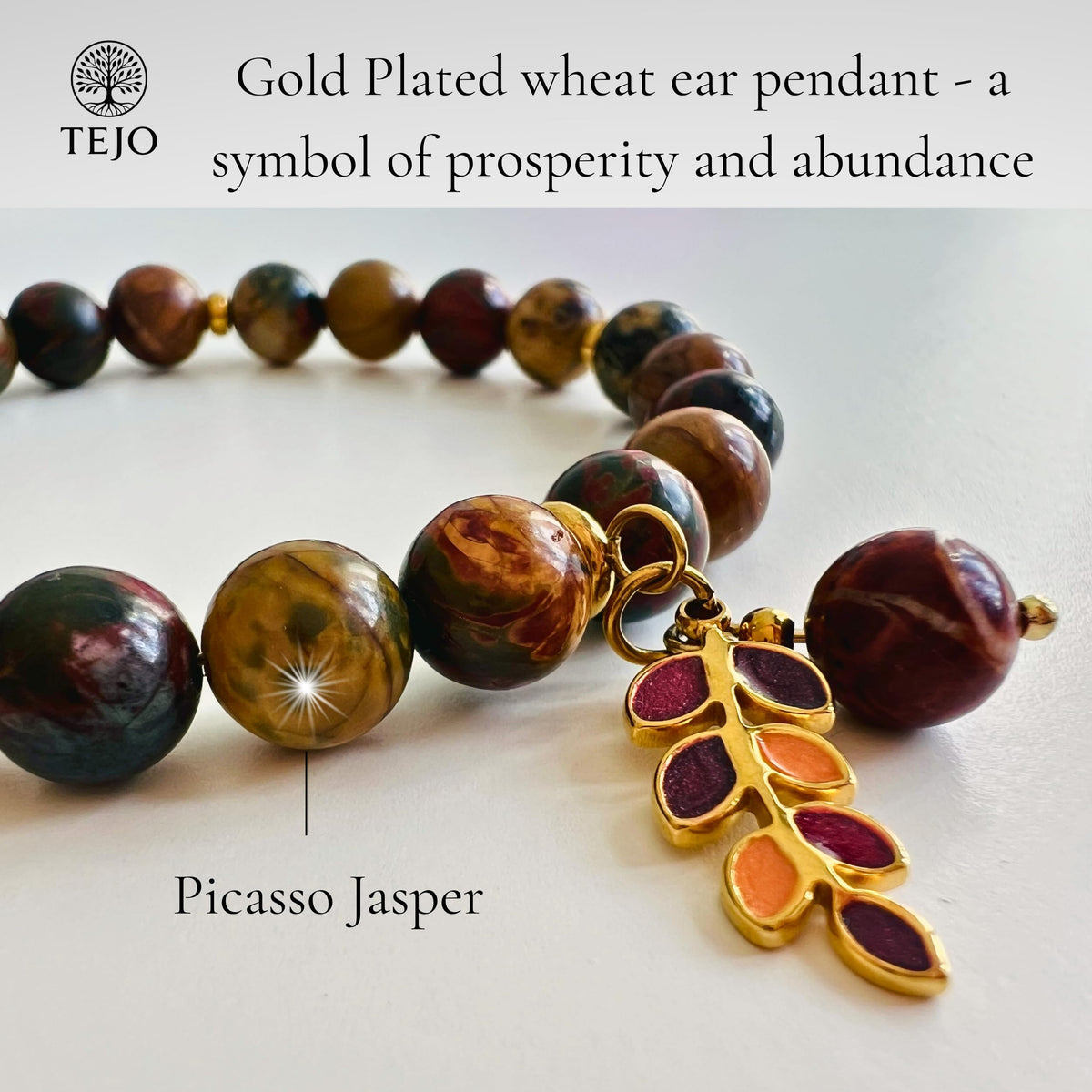TEJO Natural Stone Beaded Bracelet – Handmade Energy Healing Bracelet for Men & Women, Yoga Chakra Jewelry Gift (Picasso Jasper Natural Stone Bracelet – for Women, 6.5 inches)