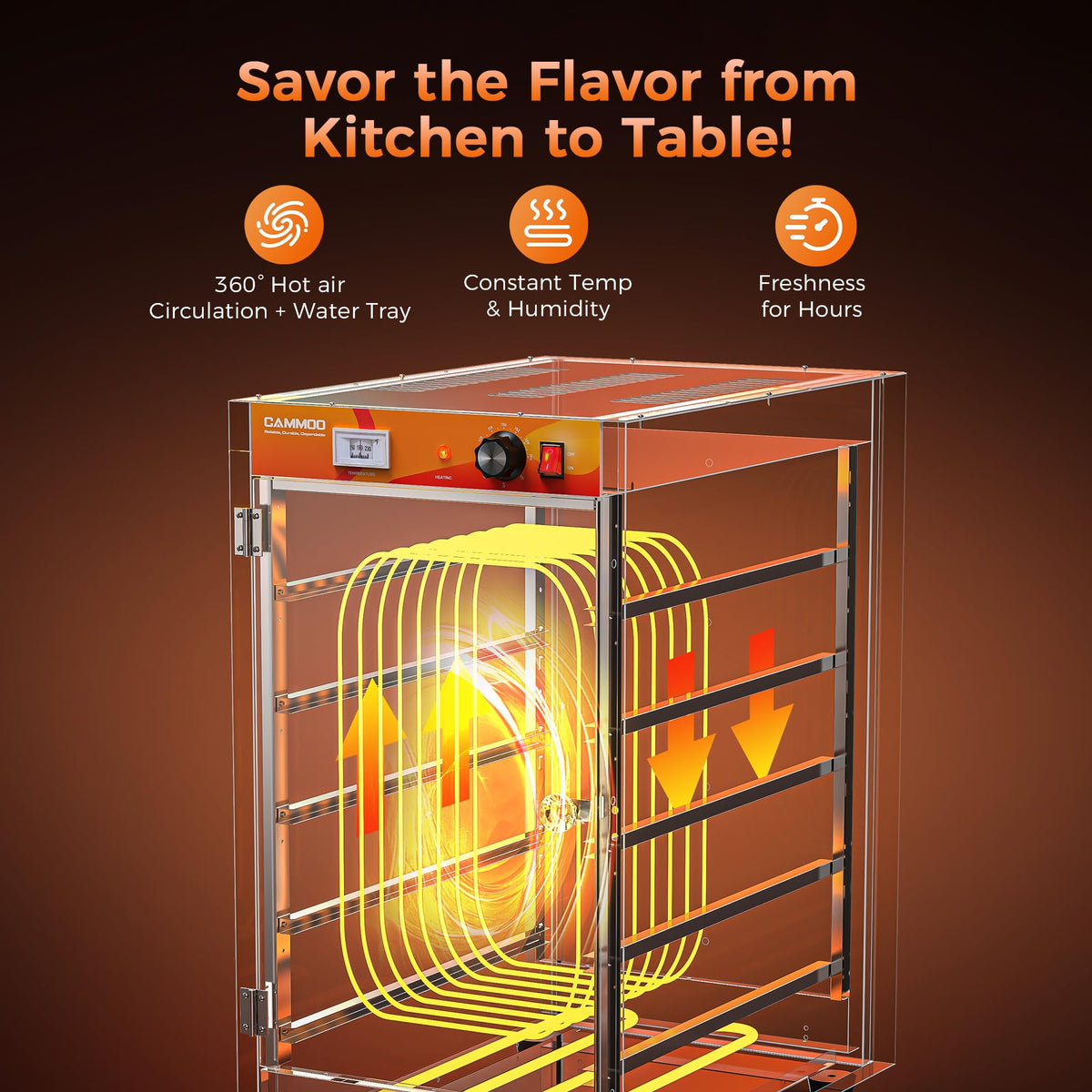 CAMMOO 133Qt 5-Tier 900W Commercial Food Warmer w/ 304 Blued Stainless Steel Heating Element, Single-Tempered Glass Door, Adjustable Shelf, Electric Catering Hot Box Countertop Heated Holding Cabinet