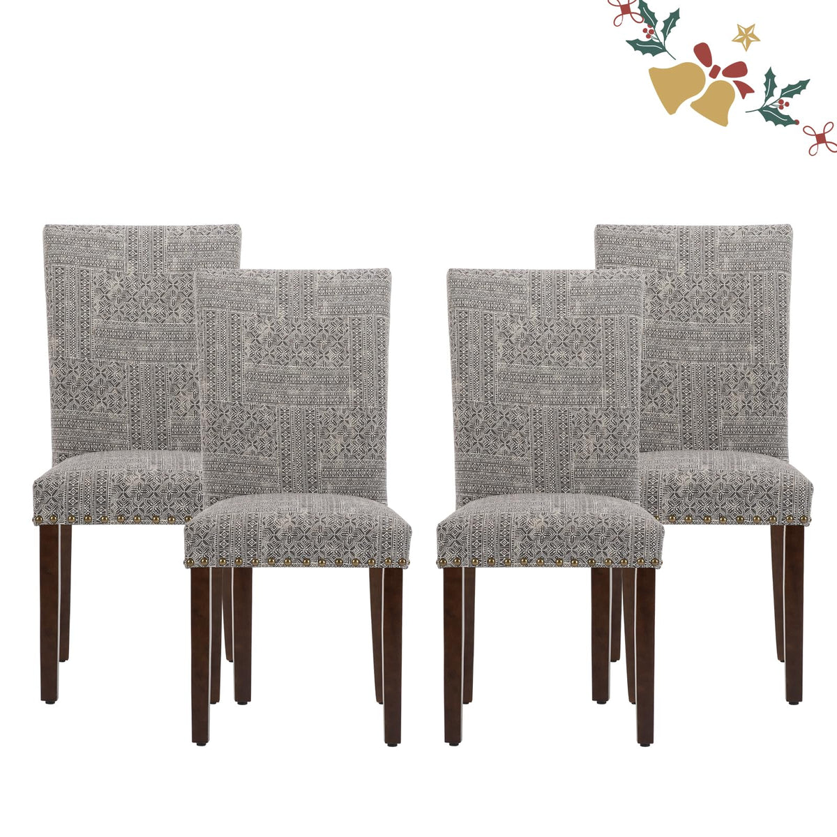 Parsons Dining Chairs Set of 4, Upholstered Nailhead Dining Room Kitchen Side Chair with Thick Cushions and Wood Legs, Black/White