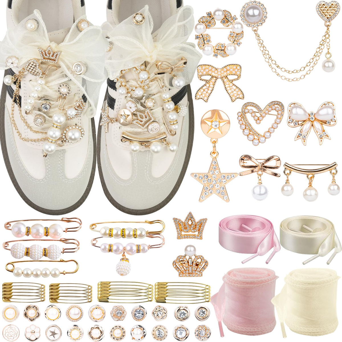 DoDoBeads 68 Pcs Shoe Charms for Sneakers, Elegant Sneaker Charms Kit with Pearls, Crowns, Ribbons & Satin/Lace Shoelaces, Sock Charm for Women, DIY Shoe Lace Decorations