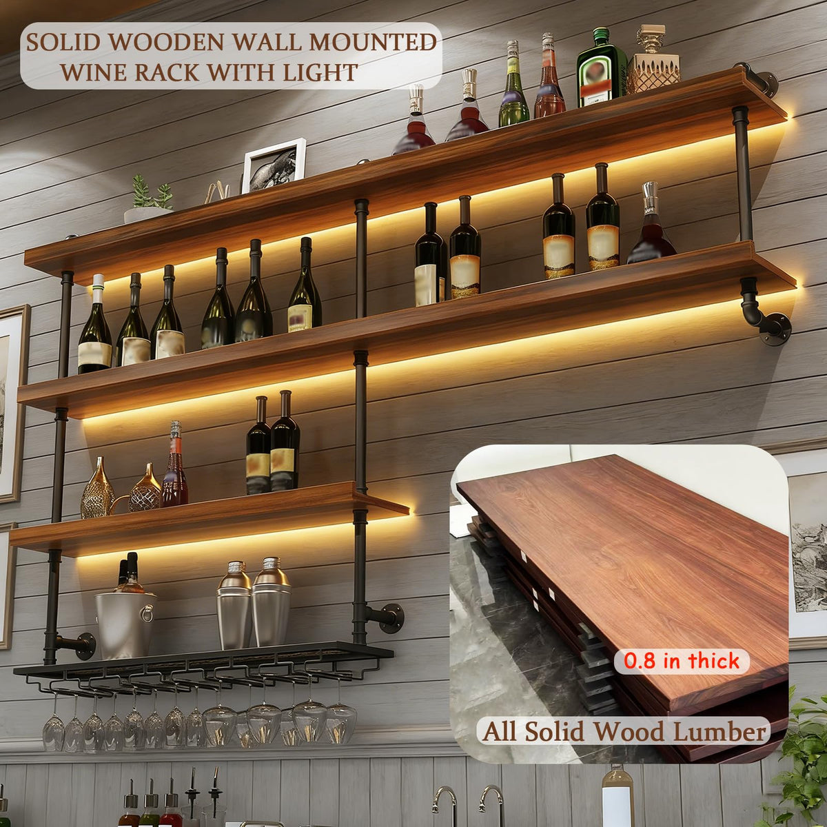 TAUODUYY 59.1in Large Wine Rack with LED Light, 4 Tiers Solid Wood Wall Mounted Wine Rack, Industrial Liquor Bottles Floating Shelves with Glass Holder for Home Bar/Dining Room (59.1in/150cm)