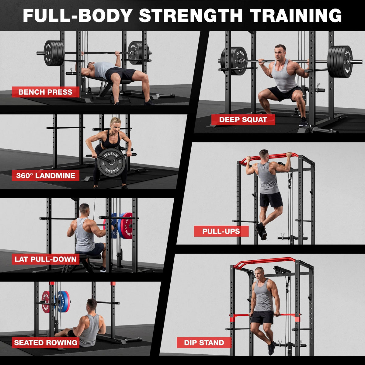 JELENS S11 Power Cage, 2000LB Multi-Function Power Rack with LAT Pulldown, Squat Rack with Adjustable Pulley System and Training Attachments, Weight Rack for Home Gym