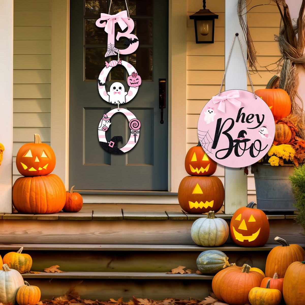 Amyhill 2 Pcs Halloween Door Sign Pink Boo Wooden Sign Ghost Wreath Decorations with Pink Bow for Farmhouse Front Door Hanger Porch Wall Decor