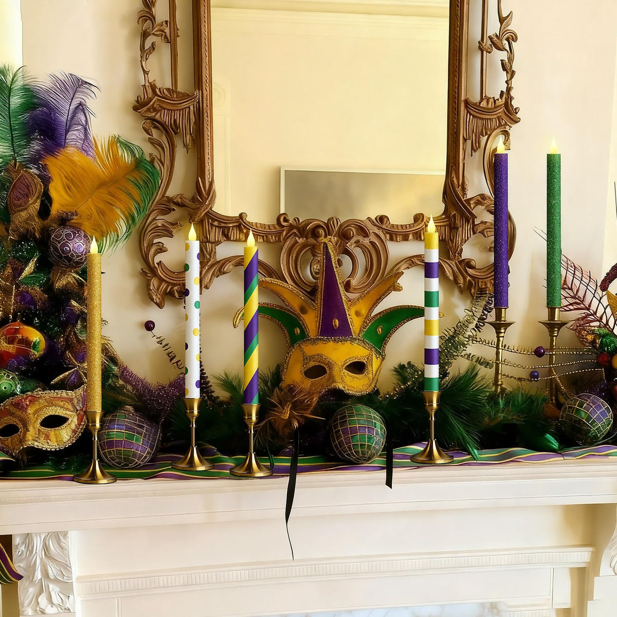 Honoson 6 Pcs Mardi Gras Flameless Taper Candles 10.6 Inch Purple Green and Gold Candles Battery Operated LED Candlesticks for Mardi Gras Dinner Table Centerpiece Indoor Outdoor Party Home Decor