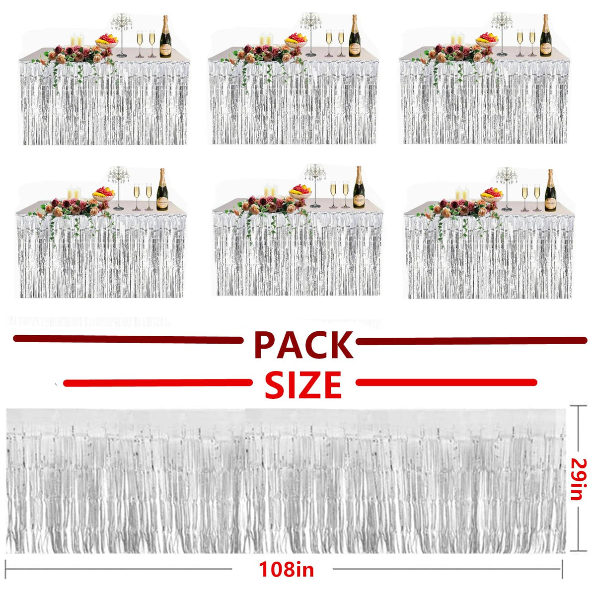6 Pack Metallic Foil Fringe Tinsel Table Skirt, antfees 29.5''x108'' Disposable Party Table Skirt Banner for Rectangle Tables, Wedding, Birthday, Parade Floats, Party Decoration (Silver)