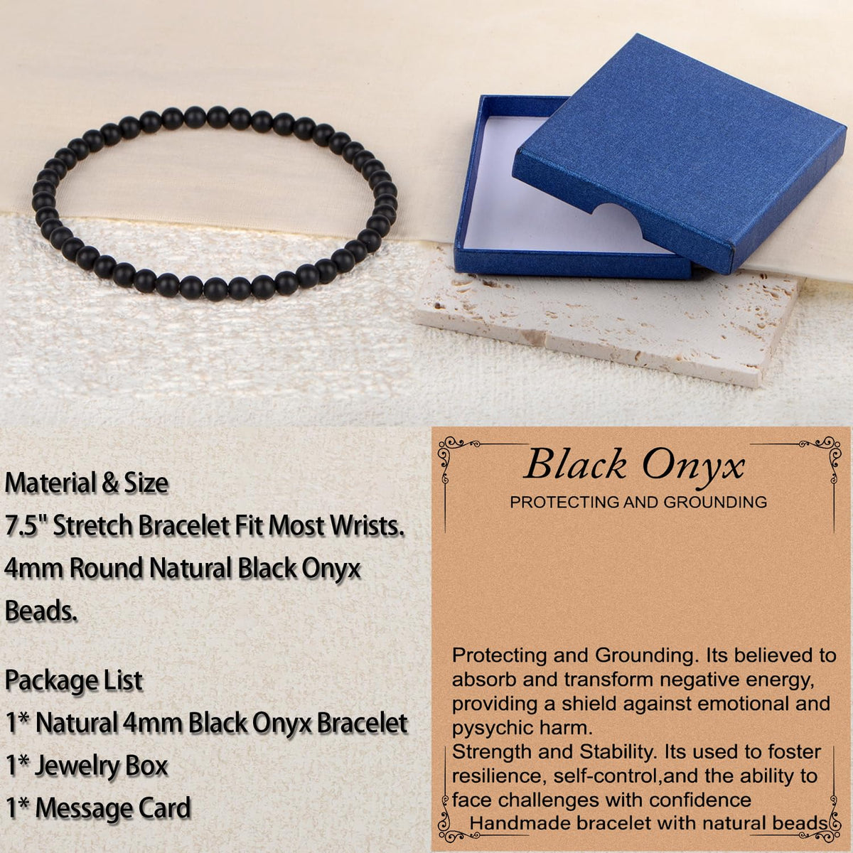 LPBeads Handmade Natural Gemstone Stretch Elastic 4mm Matte Black Onyx Bracelet Healing Crystal Round Stone Beads Jewelry Gifts for Women Men