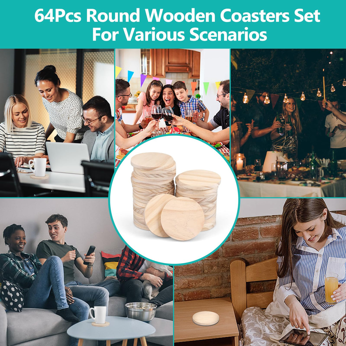 Adrattnay 64Pcs Unfinished Wood Coasters, 4" Round Wooden Coasters Tabletop Protection with Non-Slip Dot for Drinks, 9mm Blank Wood Coasters Bulk for Laser Engraving Painting Wood Burning Crafts