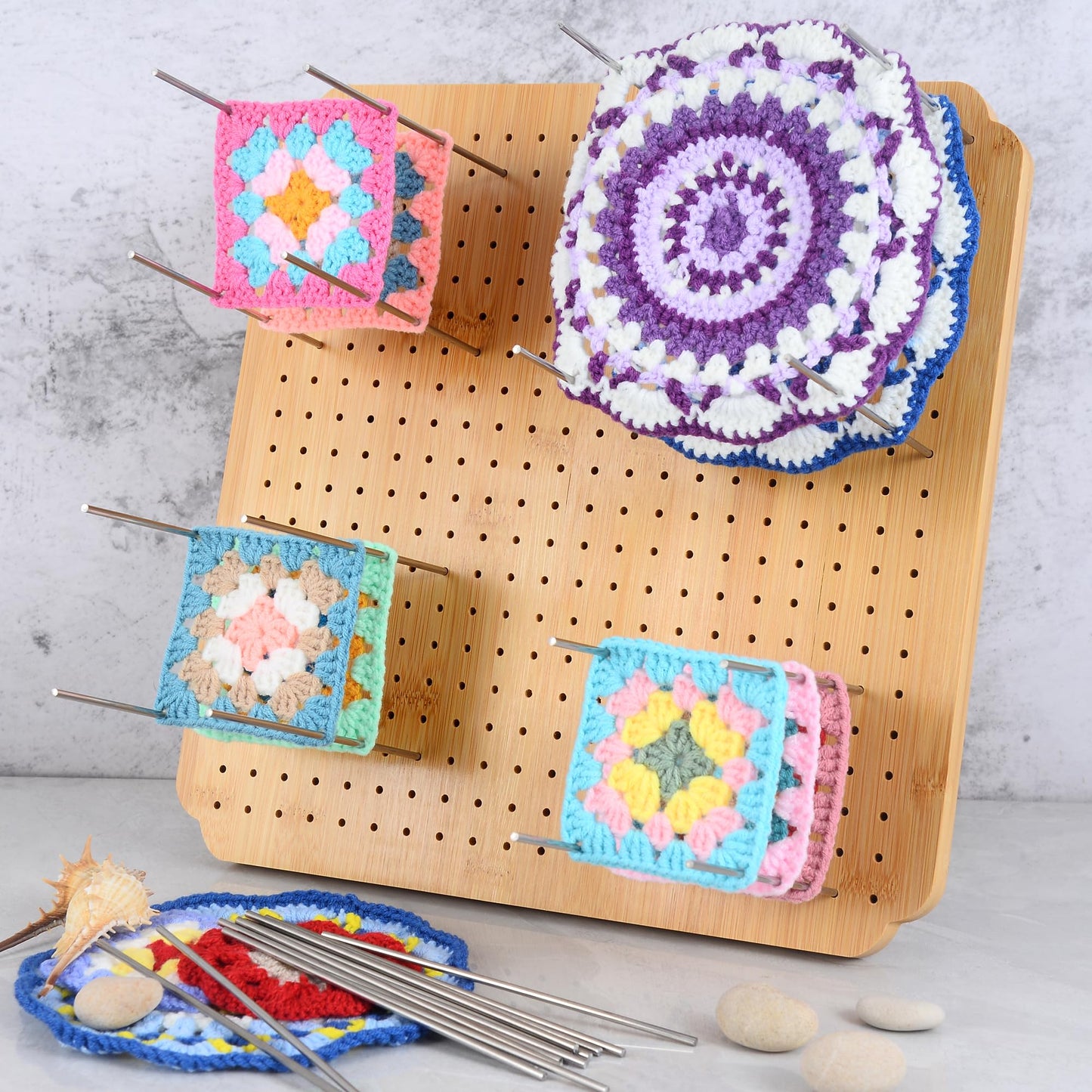 BLELEYLL 13" Crochet Blocking Board with 15 Pegs/Pins,Granny Square Blocking Board,Blocking Boards for Crochet Projects,Wooden Crocheting Accessories Gifts for Crocheters.