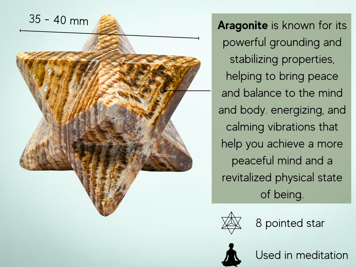 Amazing Gemstone Aragonite Merkaba Crystal - 1.5 Inches Metaphysical Merkaba Star for Meditation - Energetic Tetrahedron Crystal and Healing Stones for Spiritual Growth and Healing (35-40mm)