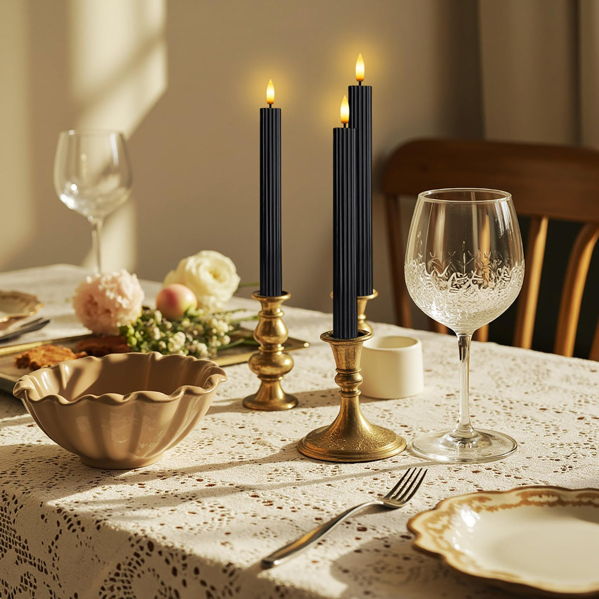 West Ivory 6 Pack, 10" LED Flameless Black Fluted Ribbed Grooved Taper Candles, Remote & 24h Timer Memory, On/Off Button, Dimmable, Flicker Mode, Battery Operated, Christmas Menorah Wedding