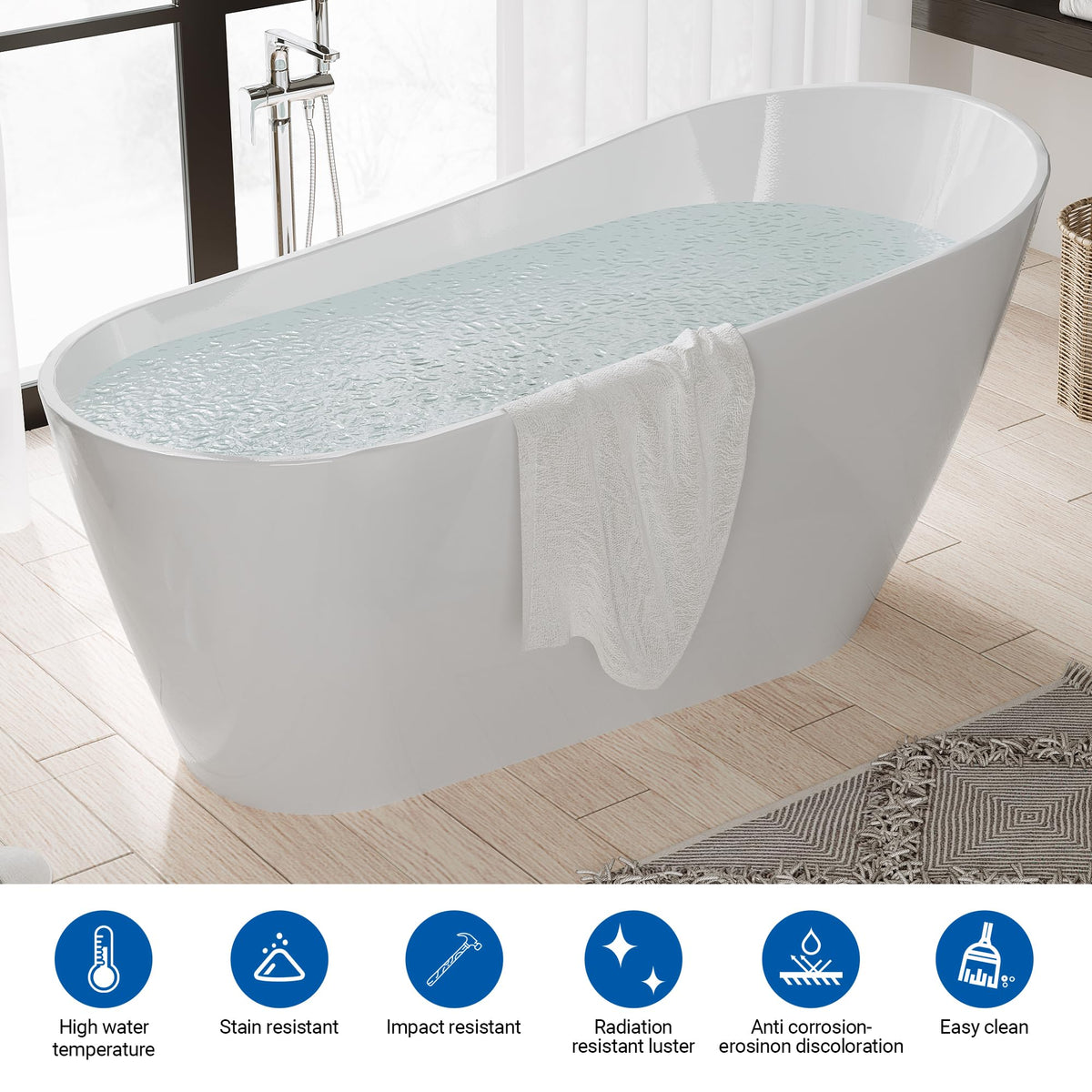 Freestanding Bathtub 67 inch Acrylic Oval Soaking Tub – All-White Design with Chrome Drain and Overflow Cover, Contemporary Stand Alone Bath for Family or Guest Use