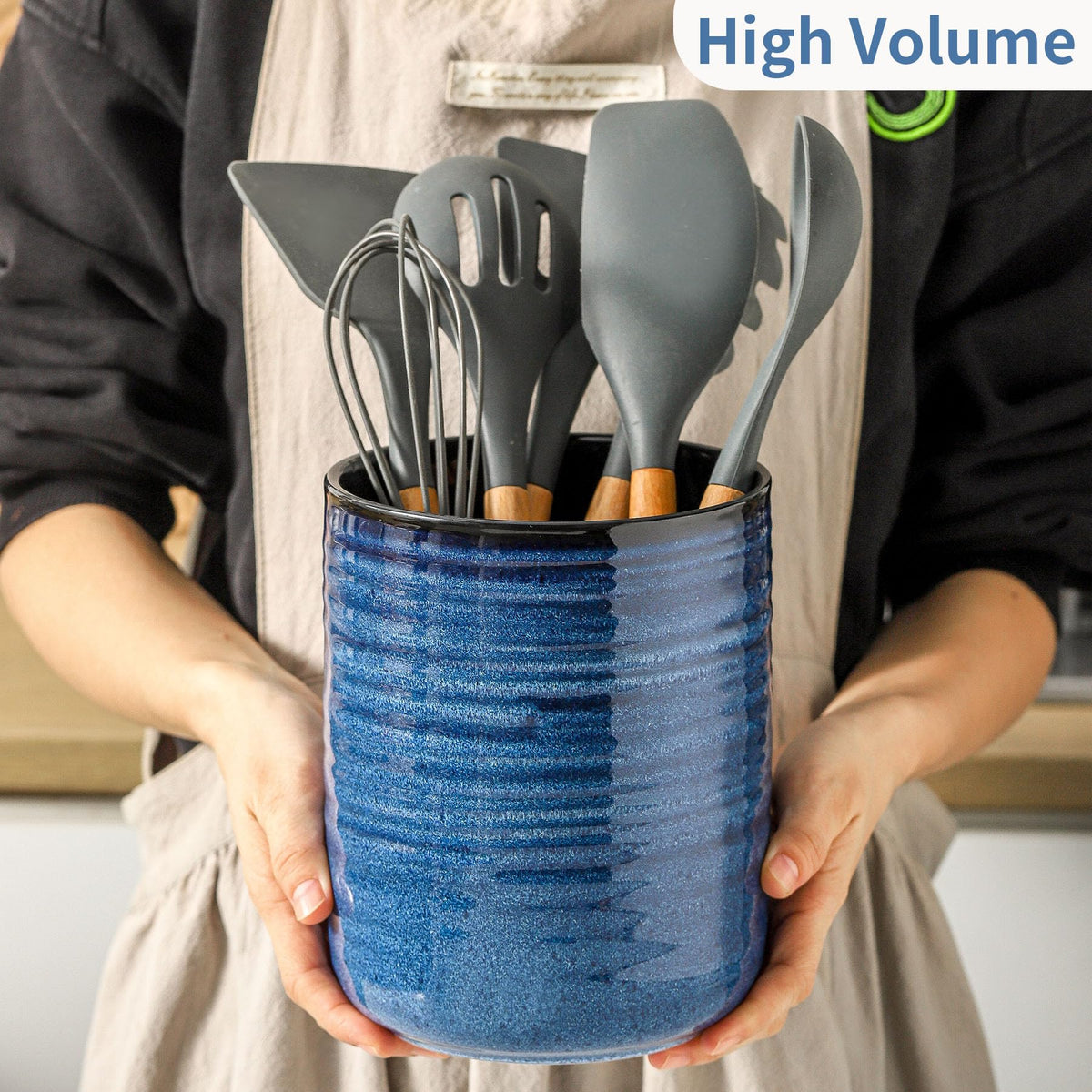 HASENSE Ceramic Kitchen Utensil Holder, 7.4" x 6.2" Large Countertop Utensil Crock, Stable Cooking Utensil Organizer for Spatulas, Spoons, Whisks & Tools, Modern Blue Kitchen Decor