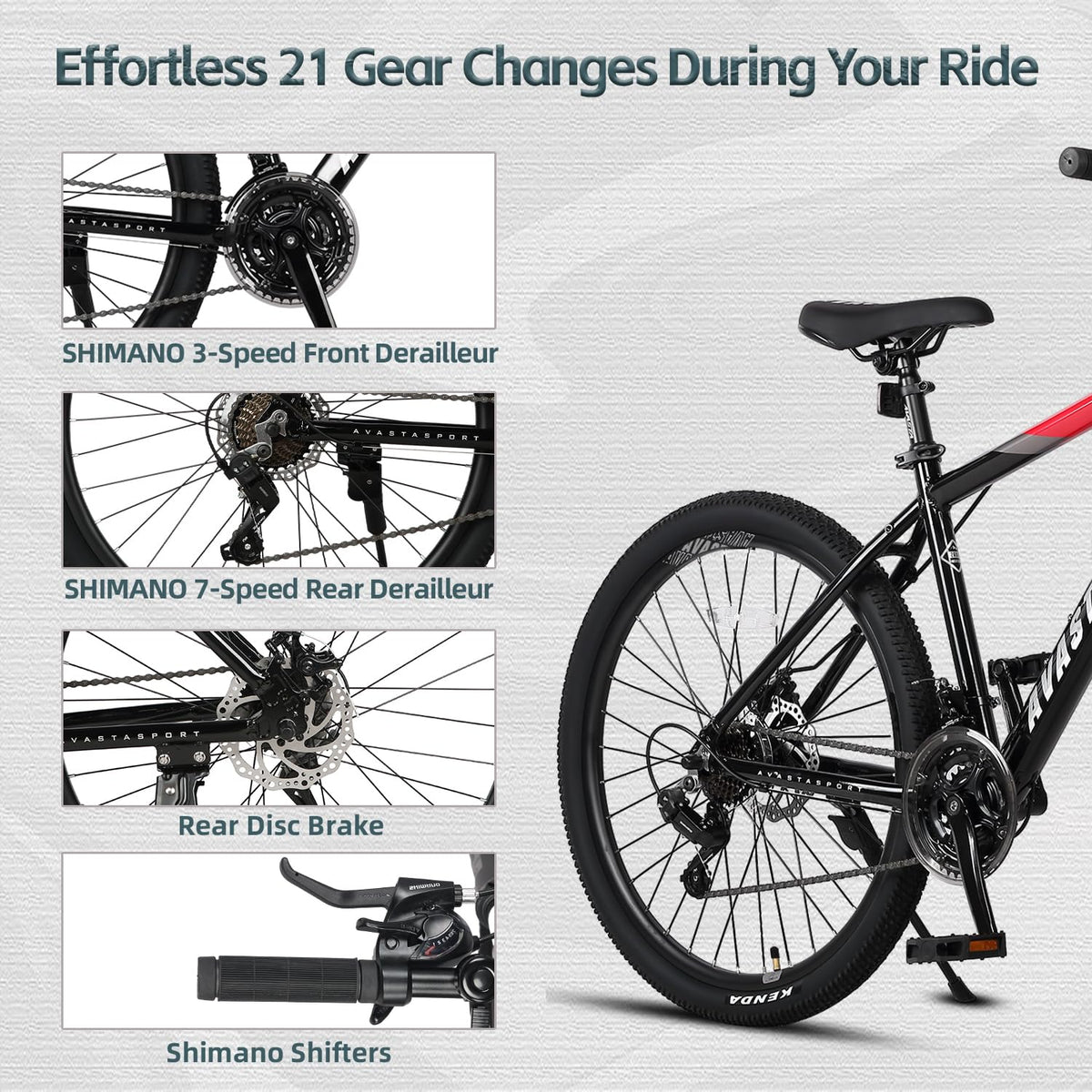 AVASTA 27.5-inch Mountain Bike for Man Male and Woman Female Adult with Lightweight Aluminum Alloy Frame and Dual Disc Brakes,Front Suspension,21-Speed Gear Shifters,Hidden Brake Cables,Red
