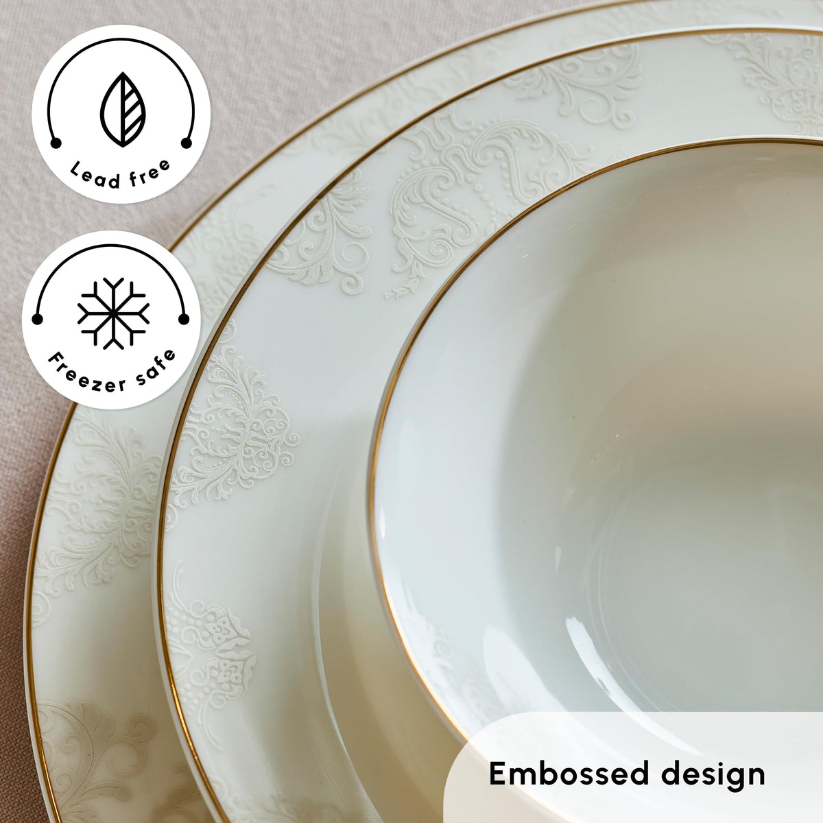Karaca Siena 53-Piece Porcelain Plates and Bowls Set with Dinner & Dessert Plates, Shakers - Bone China Dishware Sets - Kitchen Dinnerware Set for 12 People