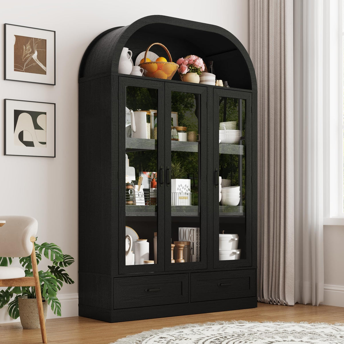 73" Tall Arched Kitchen Pantry Cabinet w Load-Bearing Steel Pipe,Modern Farmhouse Kitchens Storage Cabinet with Drawer and Glass Doors,Tall Arched Bookcase,Pantry Organizer(Woodgrain Black)