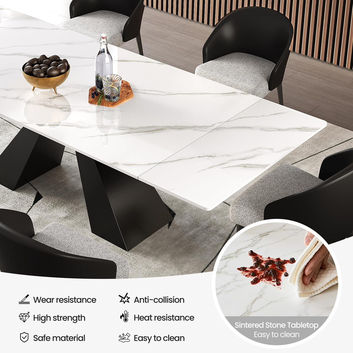 Trroec Marble Expandable Table for 8-12 People, 78.74-110.24 Inch Adjustable Length, Heat Resistant Scratch-Resistant Sintered Stone Table Top for Kitchen Dining Room Family Party