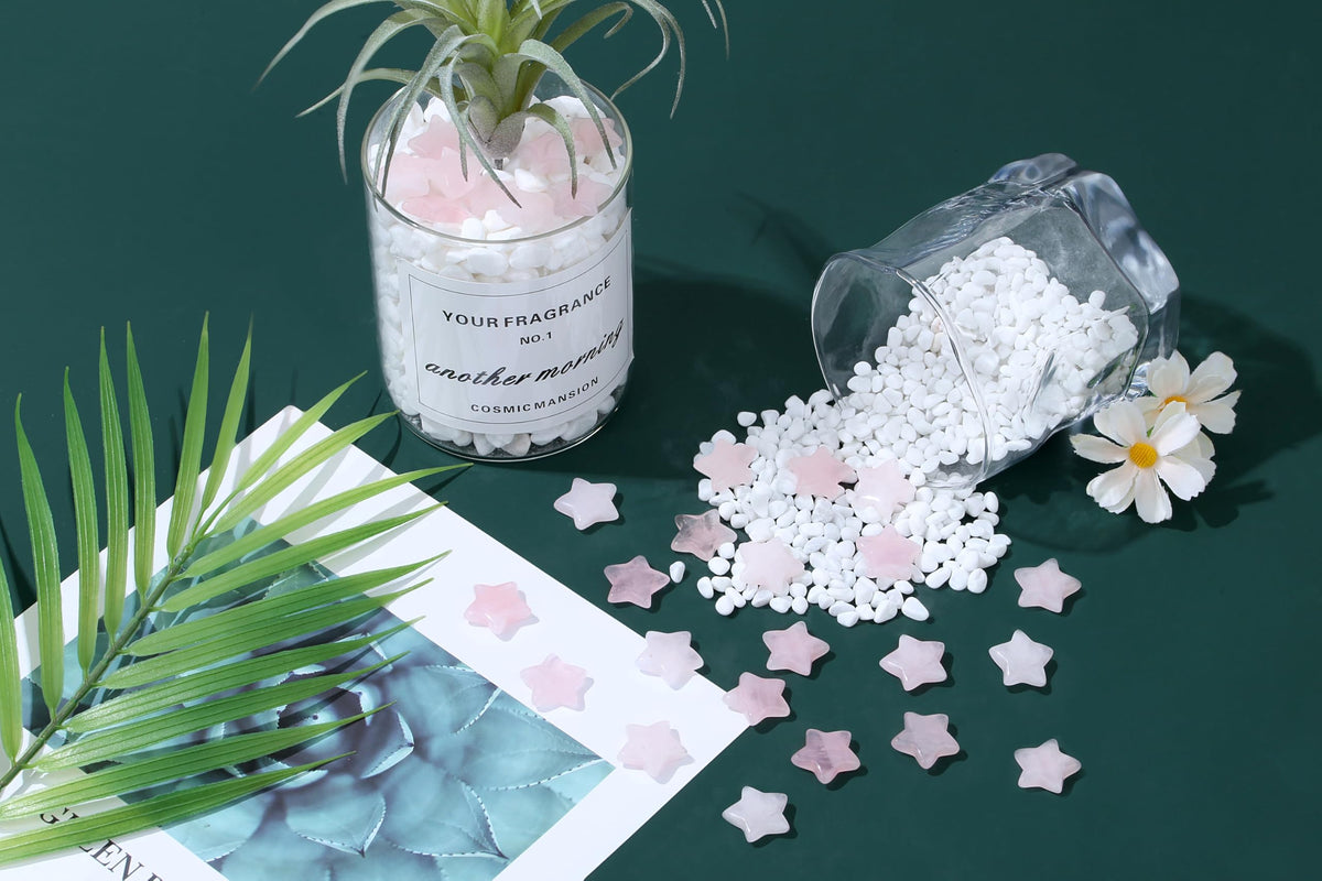 QINJIEJIE 20 PCS Rose Quartz Star Crystals Natural Crystal Polished Healing Cute Mini Pocket Stones Palm Thumb Star Gemstones Set Bulk Wholesale Reiki Energy Balancing Crystal Gifts for Women