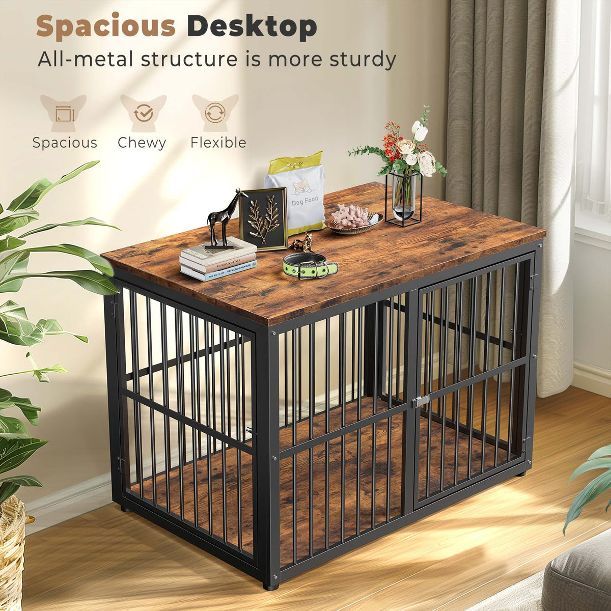 Lyromix 43'' Dog Crate Furniture with 3 Doors, XL Wooden Crate End Table Heavy Duty Indoor Puppy Cage for Medium to Large Dogs, Multiple Units Can be Combined