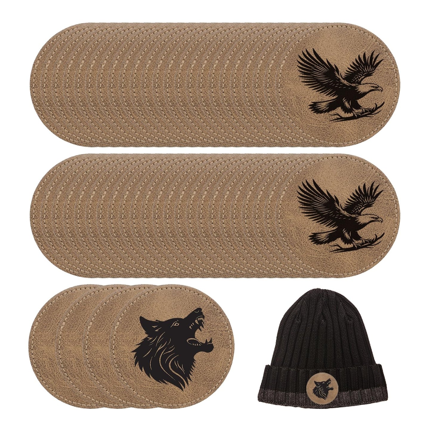MECCANIXITY 64 Pcs Blank Leather Hat Patches, Laser Engraving Iron-on Round Laserable Rustic Leatherette Patch for Hats Cap, Light Brown 2.56x2.56Inch