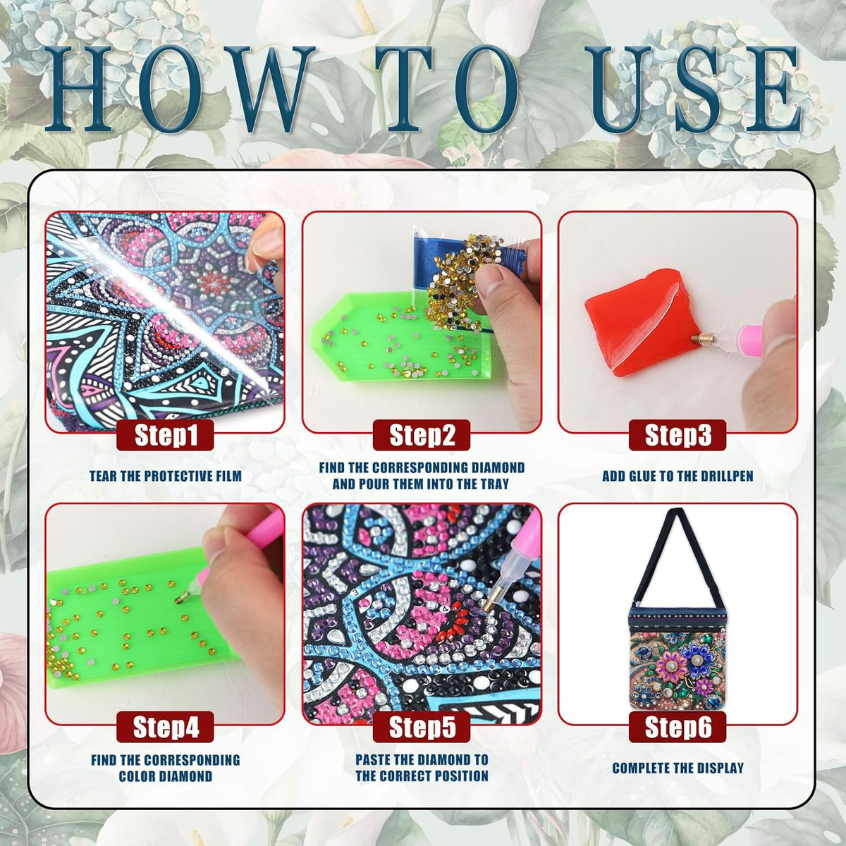 DDGYP 5D Diamond Art Bags, Diamond Art Kits for Adults, DIY Diamond Painting Bags for Women - 8.5x8.7x0.39inch PU Leather Crossbody Bag with Zipper & Adjustable Strap, Flower Pattern