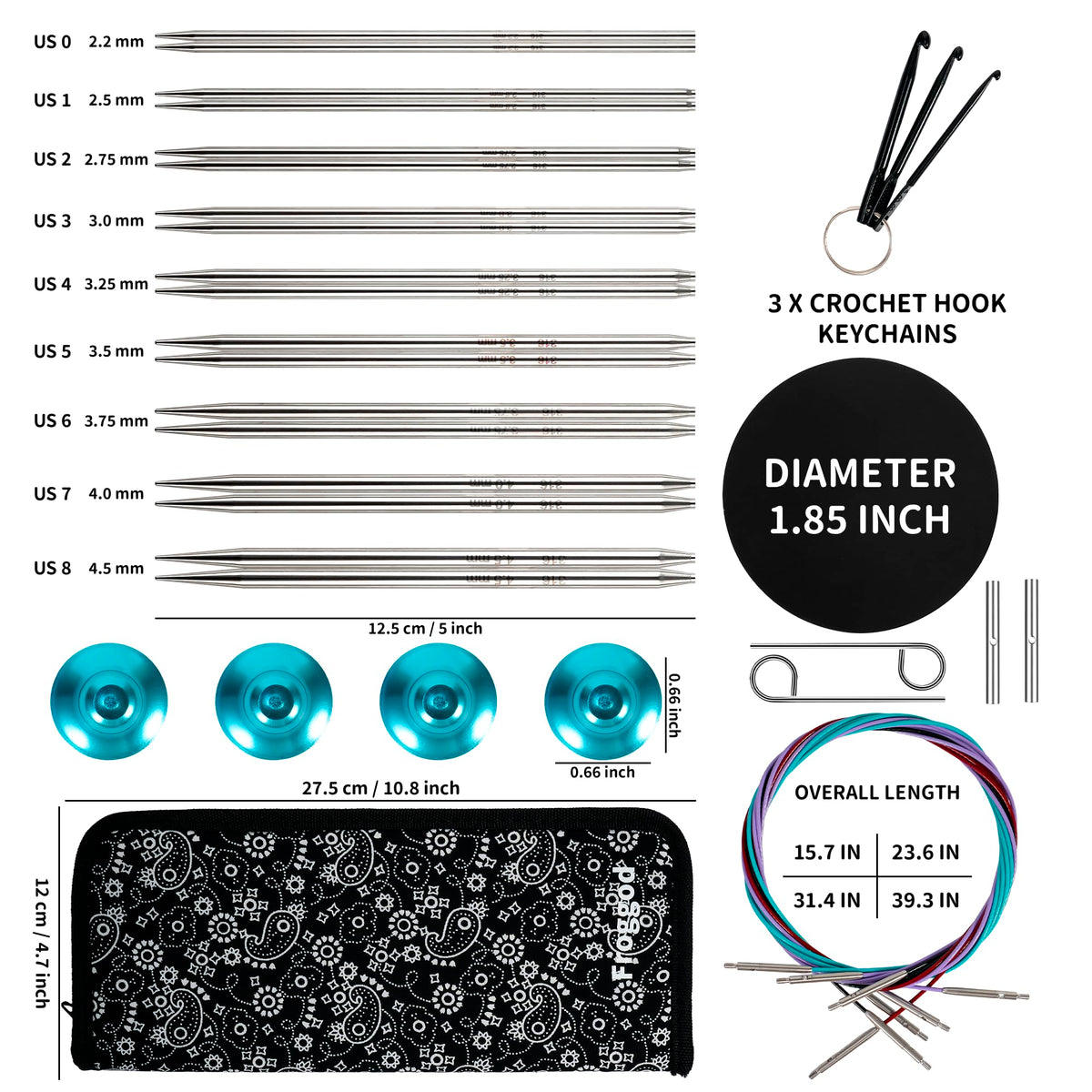 Froggod 5-Inch Stainless Steel Lace Interchangeable Circular Knitting Needle Set, Sizes US 0, 1, 2, 3, 4, 5, 6, 7, 8 Interchangeable Knitting Needles Lace-Tip with 4 Assorted Cables with Project Bag