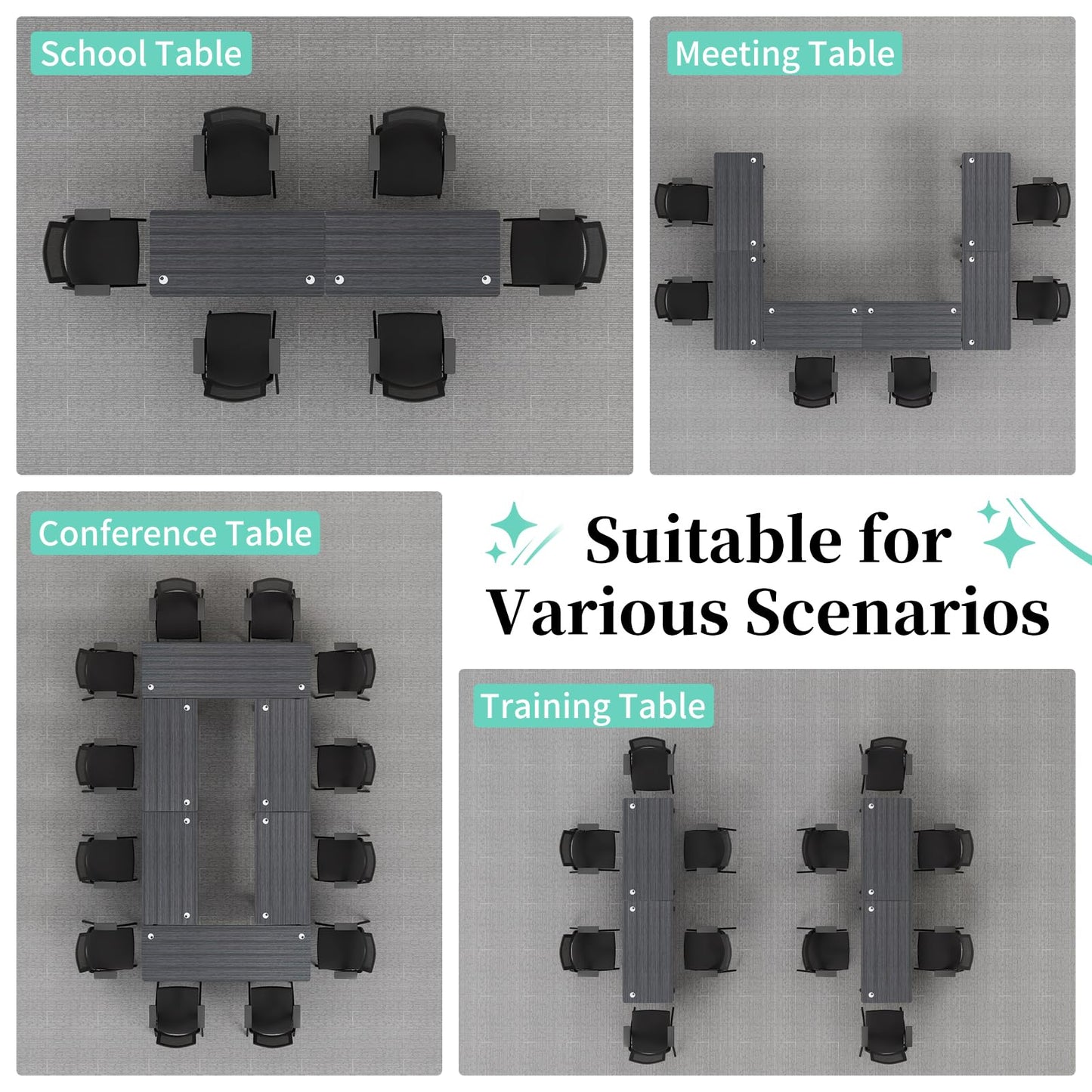 8PCS Folding Training Table with Wheels,Modular Conference Tables, 47IN Conference Room Table with Cable Grommets,Flip Top Mobile Meeting Tables for School Office Seminar Classroom,2-30 Person