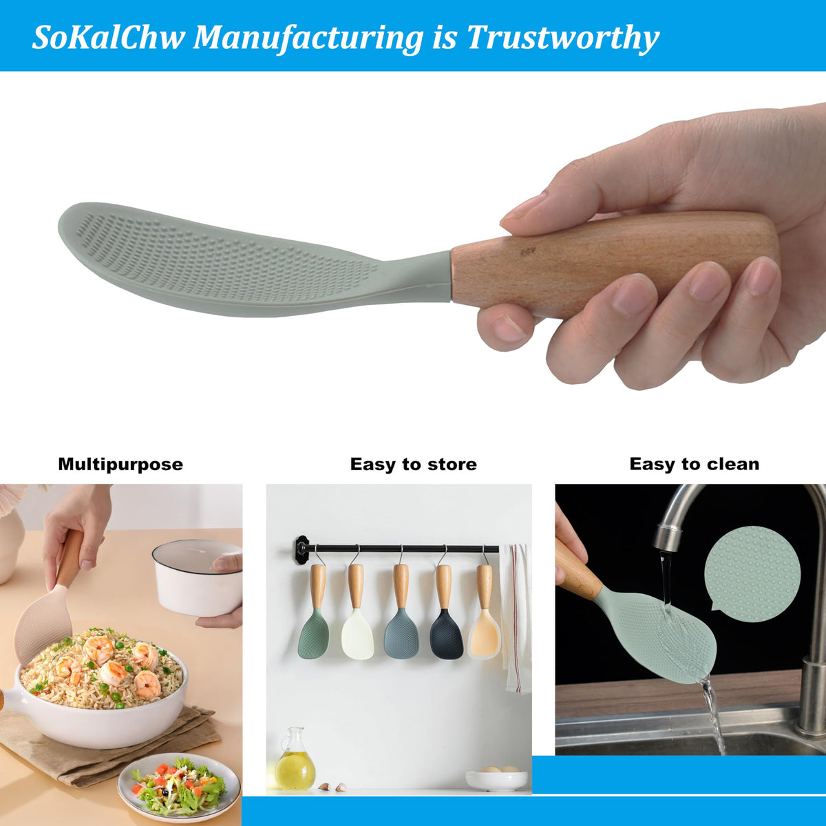 SoKalChw Standing Silicone Cooking Spoon and Rice Spoon with Wooden Handle, Great for Cooking, Mixing, Scoop, Scrape, Non stick Heat Resistant(Green)