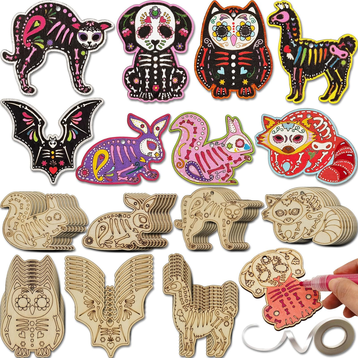 56 Sets Halloween Sugar Skull Crafts Day of Dead Animal Skeleton Unfinished Wooden Ornament DIY Painting Make Your Own Dia De Los Muertos Decorations Mexican Fiesta Blank Cutout Hanging Slices