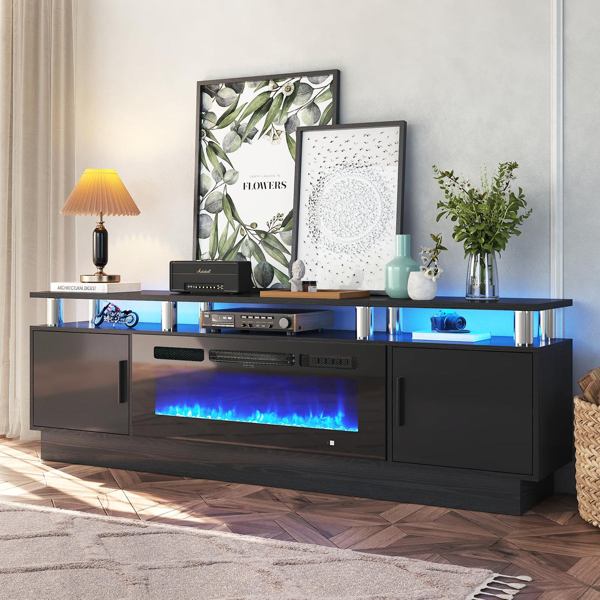 OneBlis 70" TV Stand for Living Room, Modern Entertainment Center & Media Console, Fits TVs up to 80", Storage Cabinet with Shelves, 36" Electric Fireplace with LED Flame (All Black)