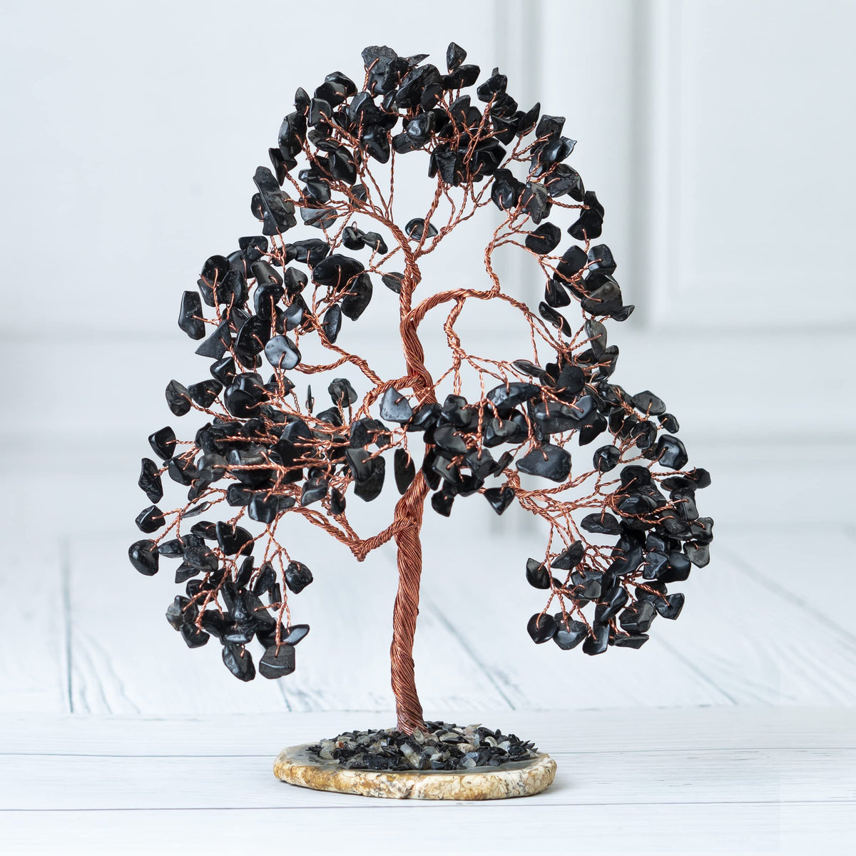 Crocon® Black Tourmaline Gemstone Tree Geode Agate Slice Base, Handmade Crystal Tree for Positive Energy, Attract Good Luck, Chakra Tree of Life, Black Healing Stone for Root Chakra, Meditation Gift
