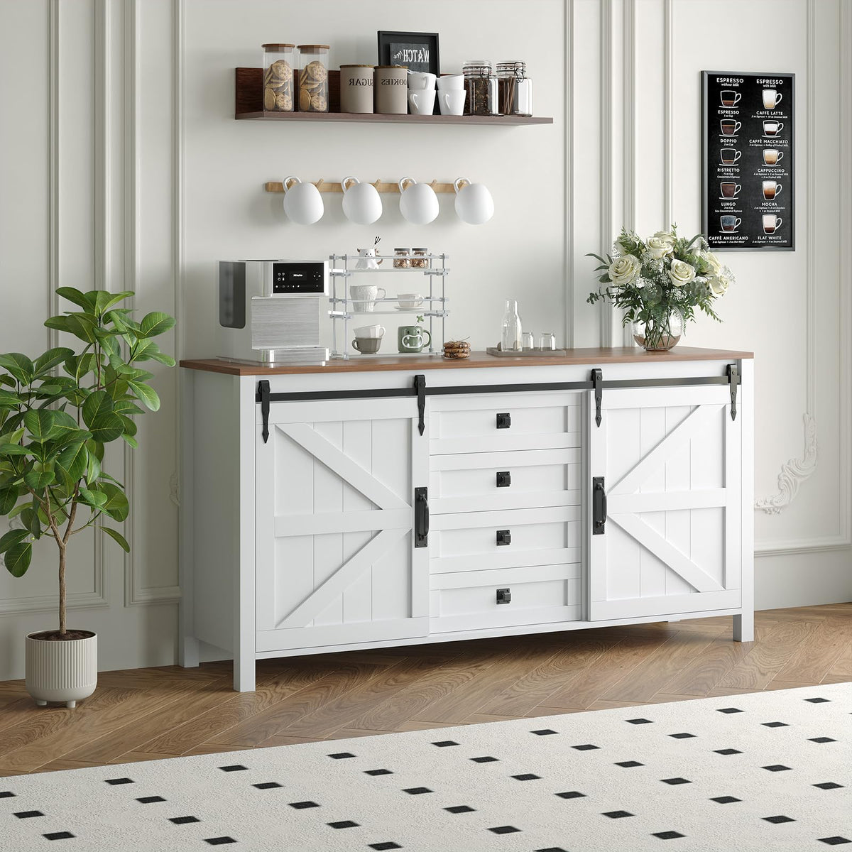 Garvee Farmhouse Sideboard Buffet Cabinet with Sliding Barn Doors & 4 Drawers, 60" Rustic Wood Kitchen Coffee Bar Storage Cabinet for Dining Room Living Room, TV Stand & Console Table