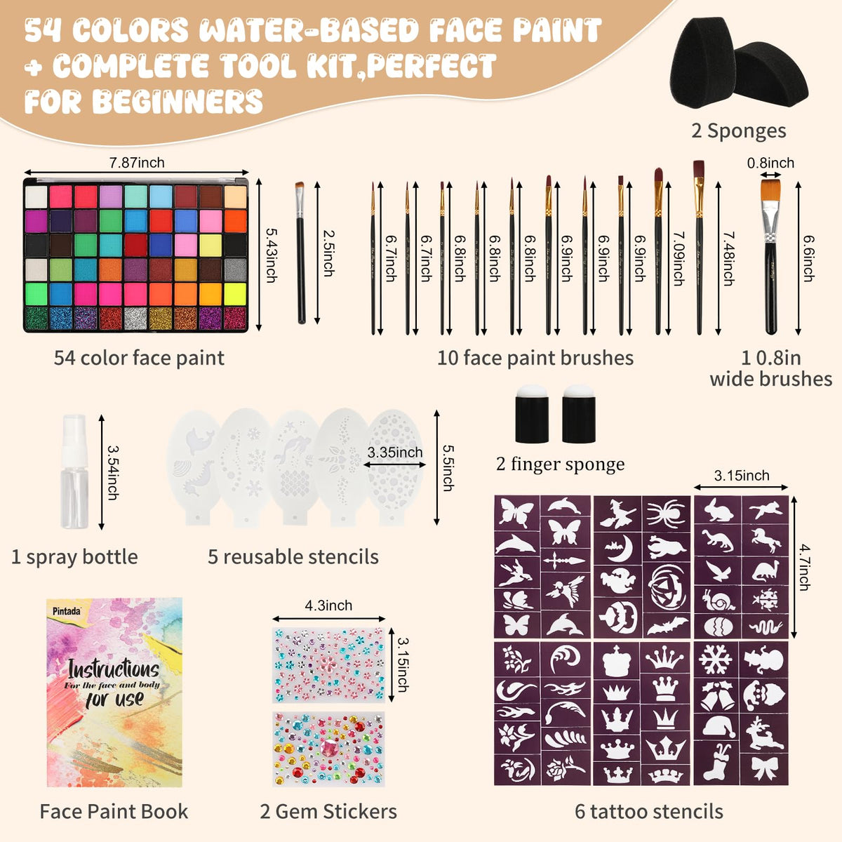 Pintada 54 Color Face Painting Kit for Kids - Non Toxic Water Activated Face Paint Palette with Stencils, Brushes, Gems & Book. For Halloween, Carnival, Party; Costume Makeup for Creative Activities