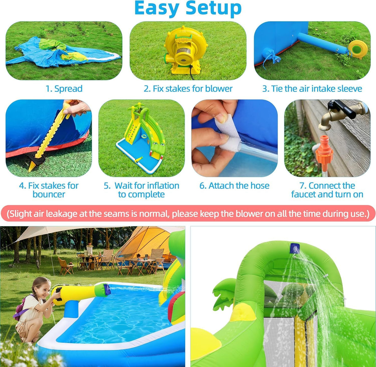 TOAOB Inflatable Water Slide：5 in 1 Crocodile Bounce House Water Park for Kids - Climbing Wall Splash Pool Water Cannon Basketball Rim - 480W Blower - for Indoor Outdoor Backyard Birthday Party