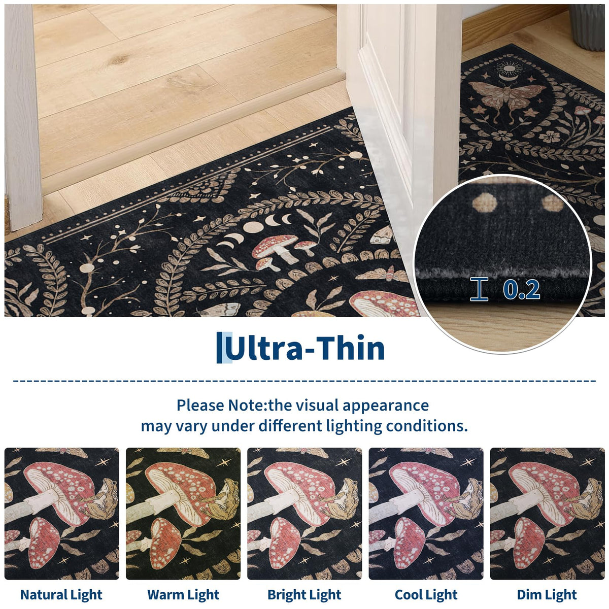 Garvee Mushroom 9x12 Area Rugs for Living Room, Dark Academia Gothic Rug, Non Slip Animal Print Washable Rugs 9x12 Low Pile Bedroom Decor Bug Carpet with Rubber for Dining Room Playroom Office, Black