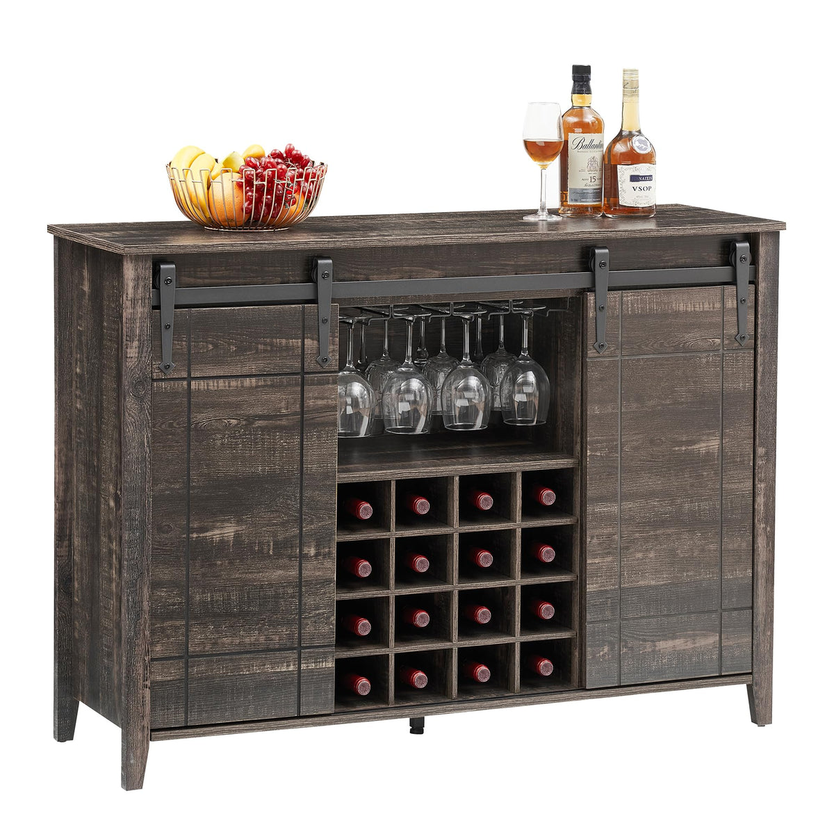 IDEALHOUSE Wine Bar Cabinet,Coffee Bar Cabinet,Farmhouse Liquor Station,Rustic Buffet Sideboard with Sliding Barn Doors,Wine & Glass Racks,Adjustable Shelves,for Living Room,Kitchen,Entryway(Fire)