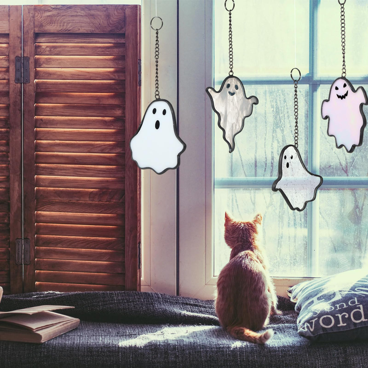Yungyan 4 Pcs Halloween Ghost Stained Glass Suncatcher Hand Painted Window Hangings Suncatcher Halloween Goth Decoration for Home, Office, Kitchen, Living Room, Wall