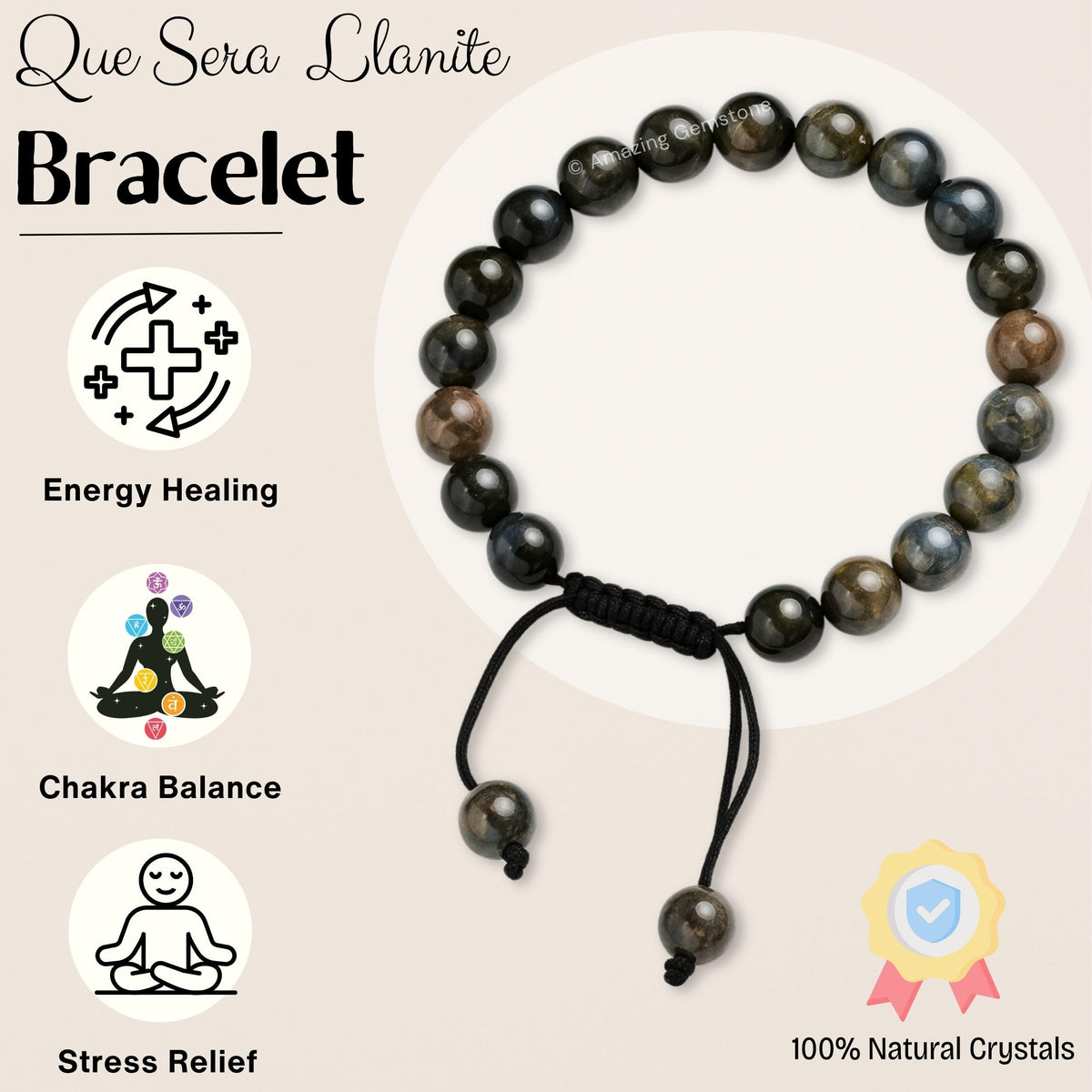 Amazing Gemstone Que Sera Stone Llanite Bracelet, Gifts For Men & Women - Protection Healing Crystal Bracelet - 8mm Gemstone Beaded Adjustable Bracelet, Pulseras Para Hombres Mujer Stocking Stuffers